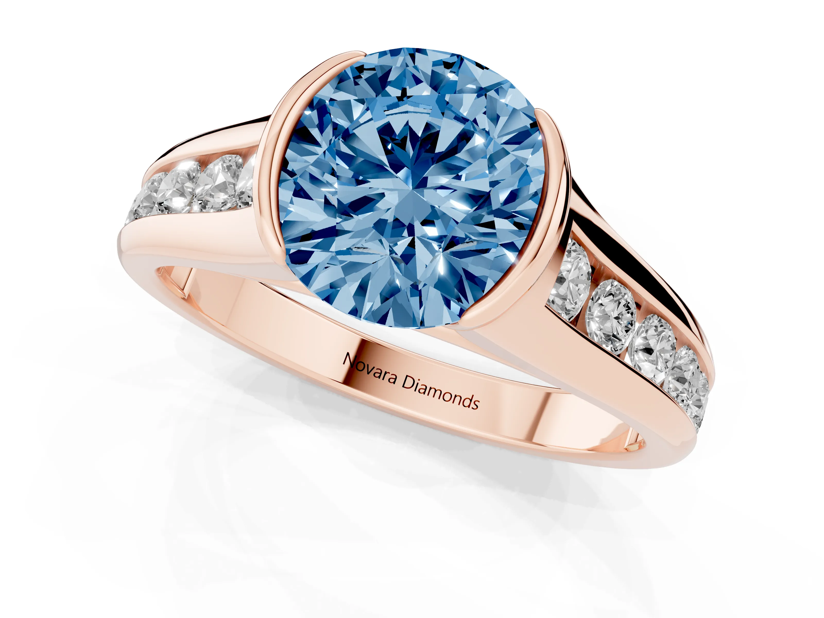 Fancy Blue Round Cut Diamond Bezel-Set Solitaire Ring Set in Rose gold with Channel-Set Band