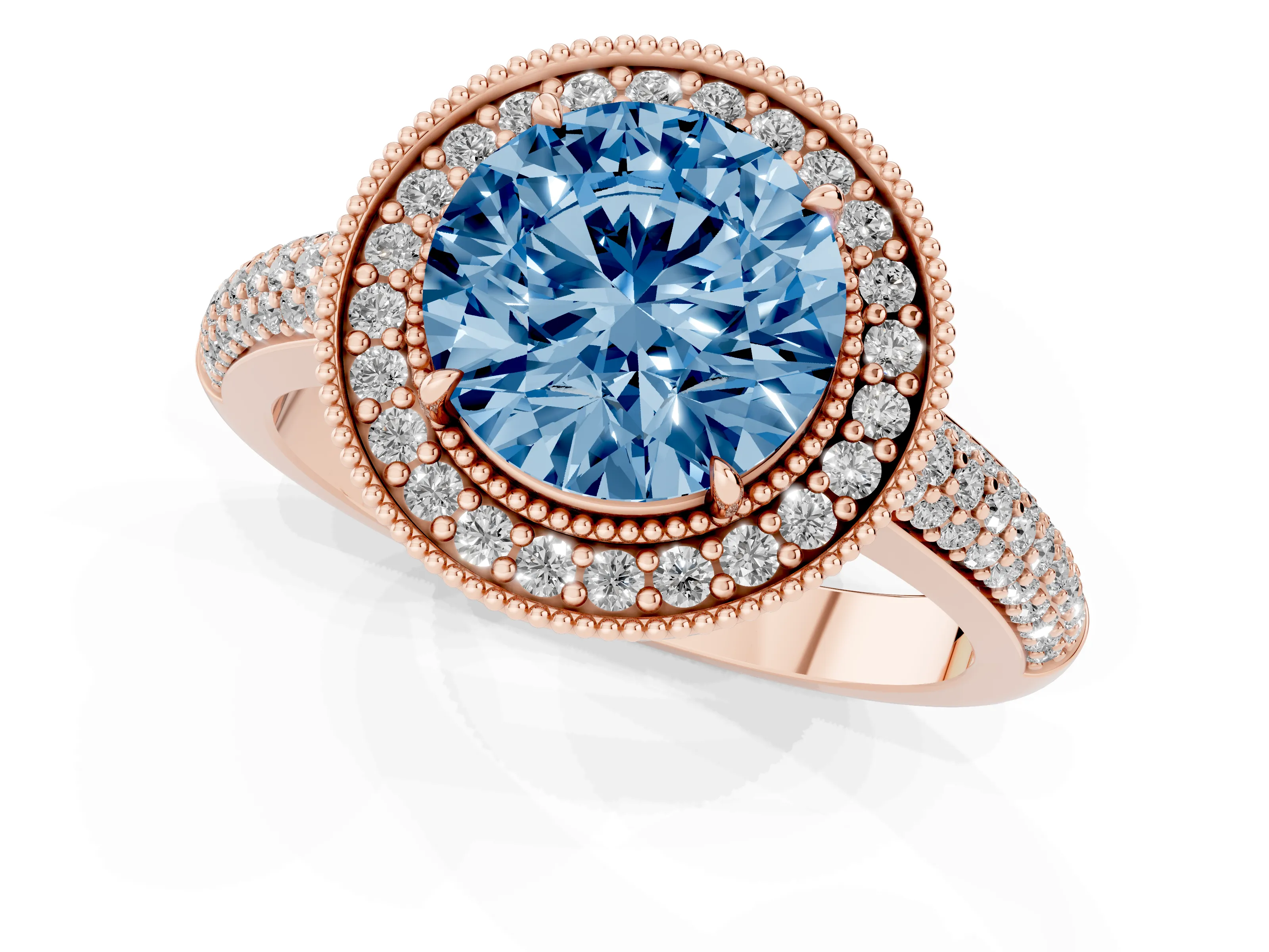 Fancy Blue Round Cut Diamond Halo Pavé Band Set in Rose gold with Prong Setting
