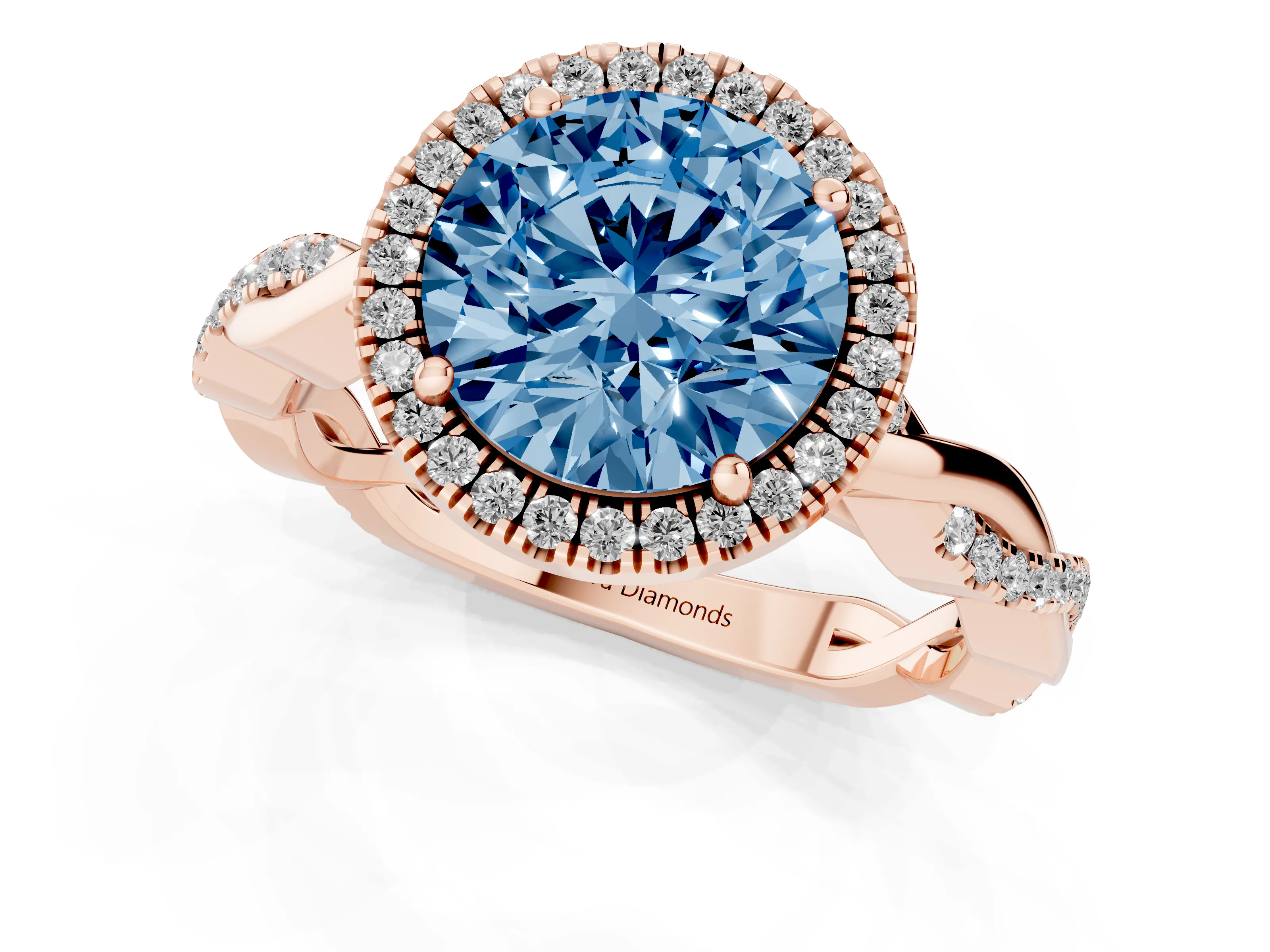 Fancy Blue Round Cut Diamond Halo Twisted Band Ring Set in Rose gold with Prong Setting