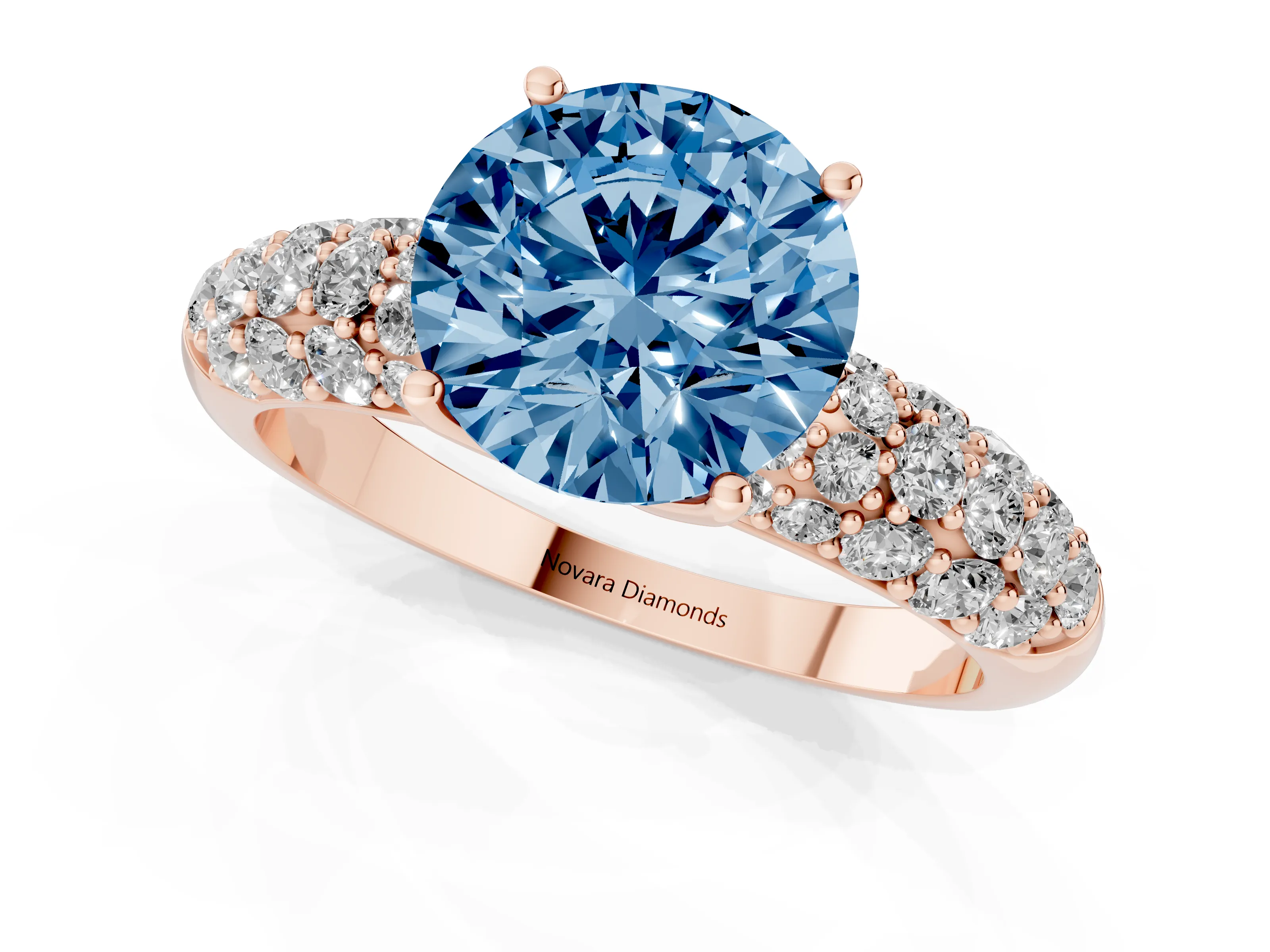 Fancy Blue Round Cut Diamond Pavé Band Solitaire Ring Set in Rose gold with Close-Set Accent Stones and Prong Setting