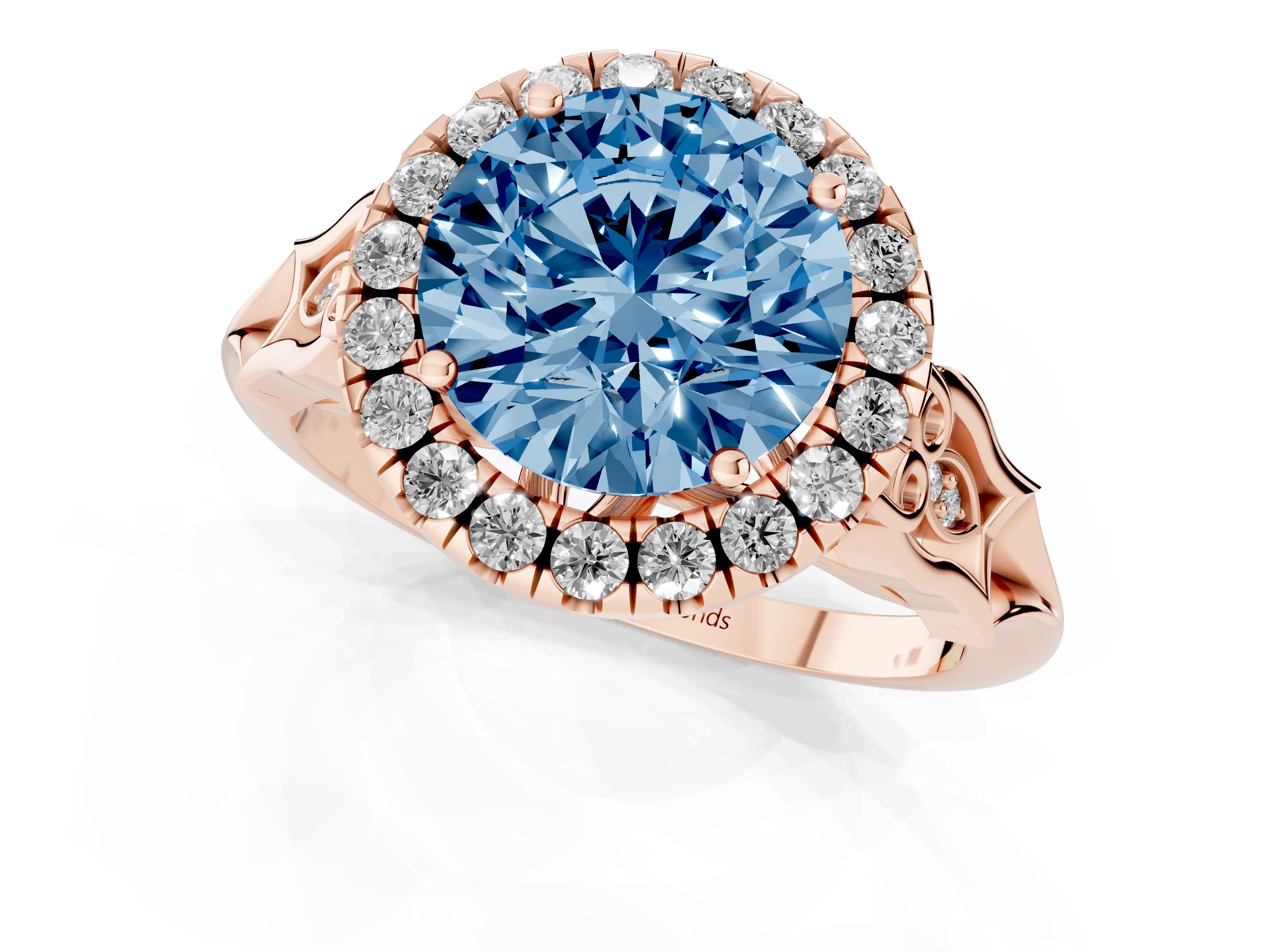Fancy Blue Round Cut Diamond Halo Engagement Ring Set in Rose gold with Filigree Band and Prong-Set Center