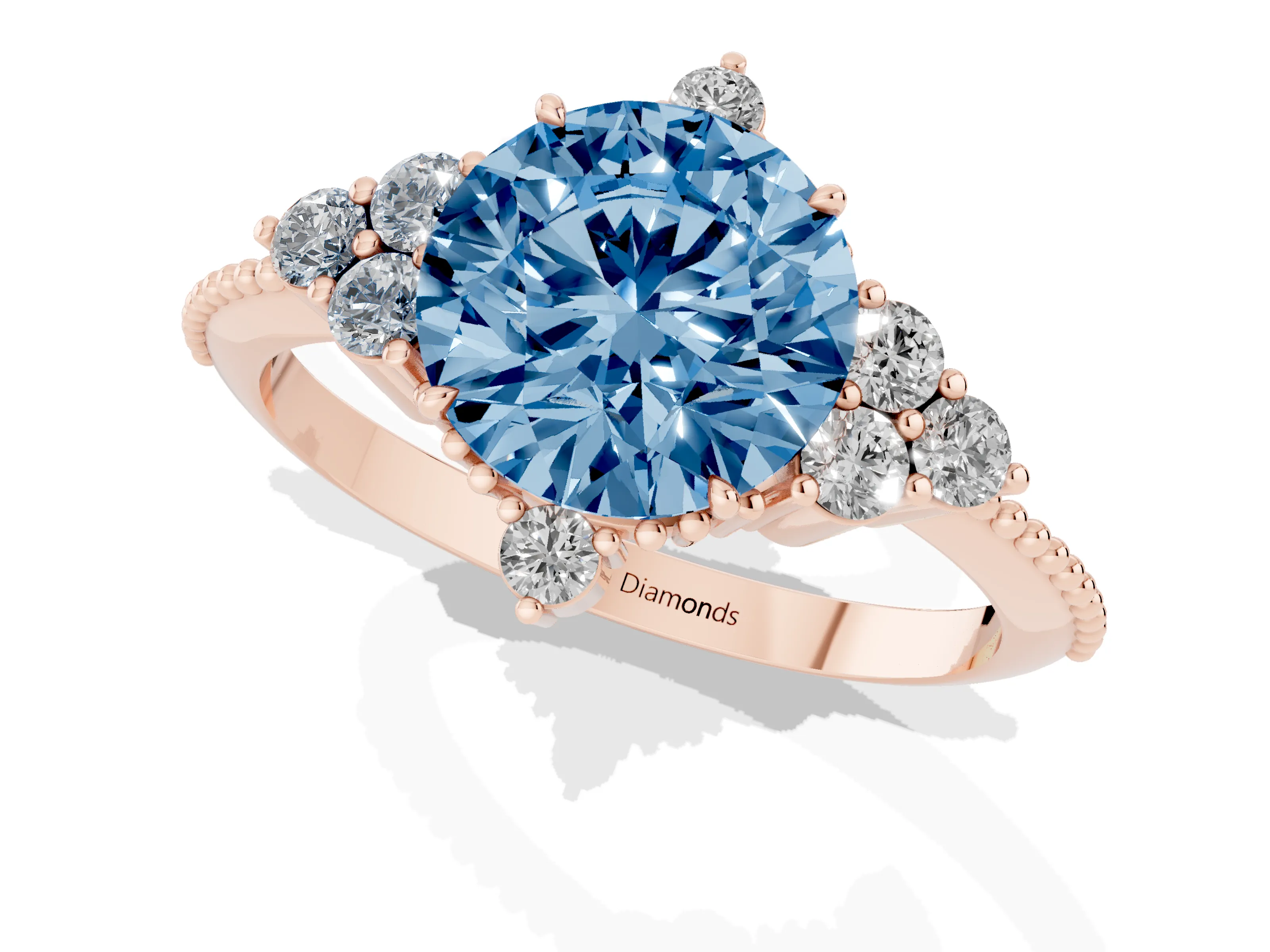 Fancy Blue Round Cut Diamond Cluster Ring Set in Rose gold with Beaded Band
