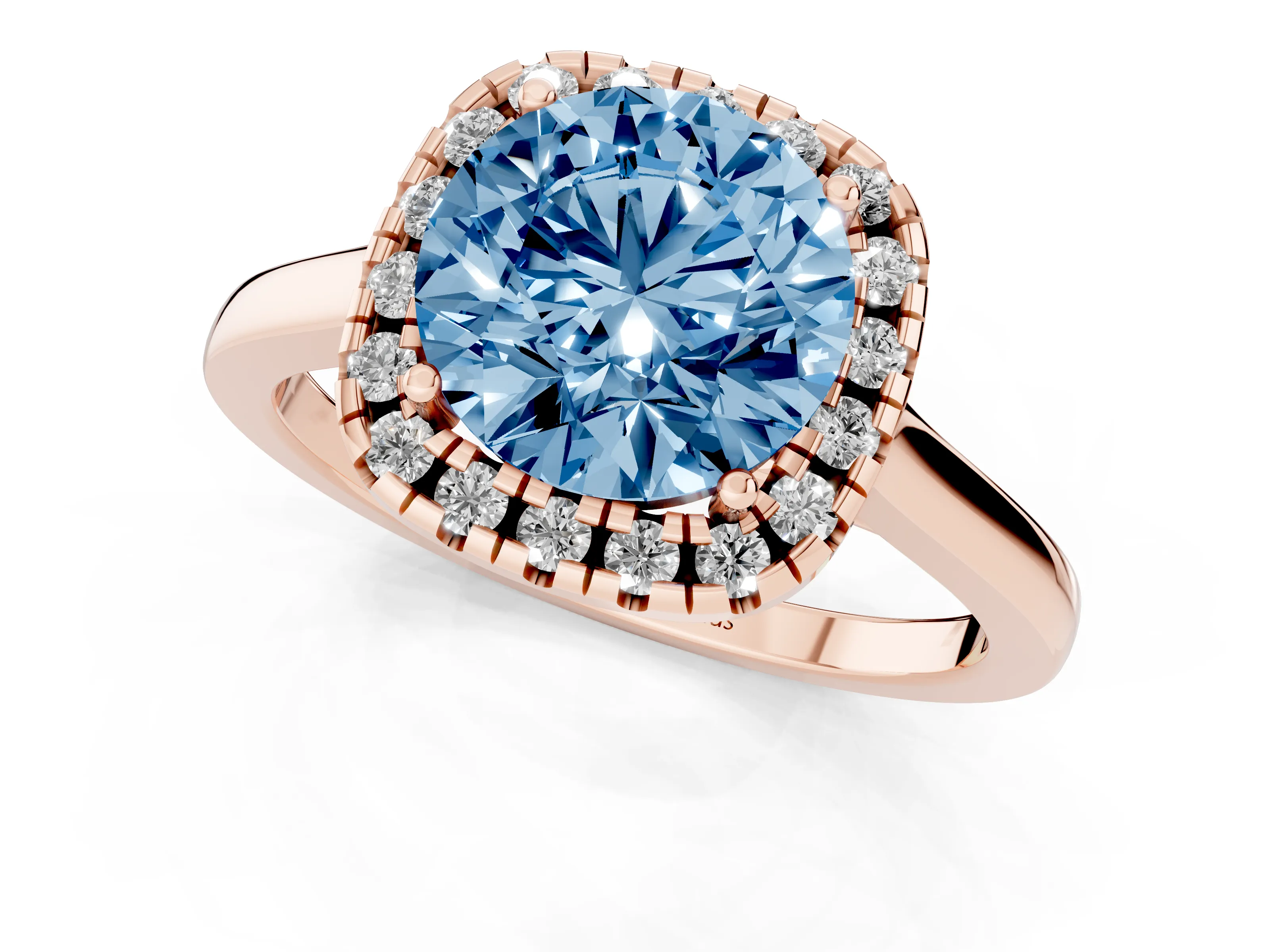 Fancy Blue Round Cut Halo Round Diamond Solitaire Ring Set in Rose gold with Pavé Band and Prong Setting