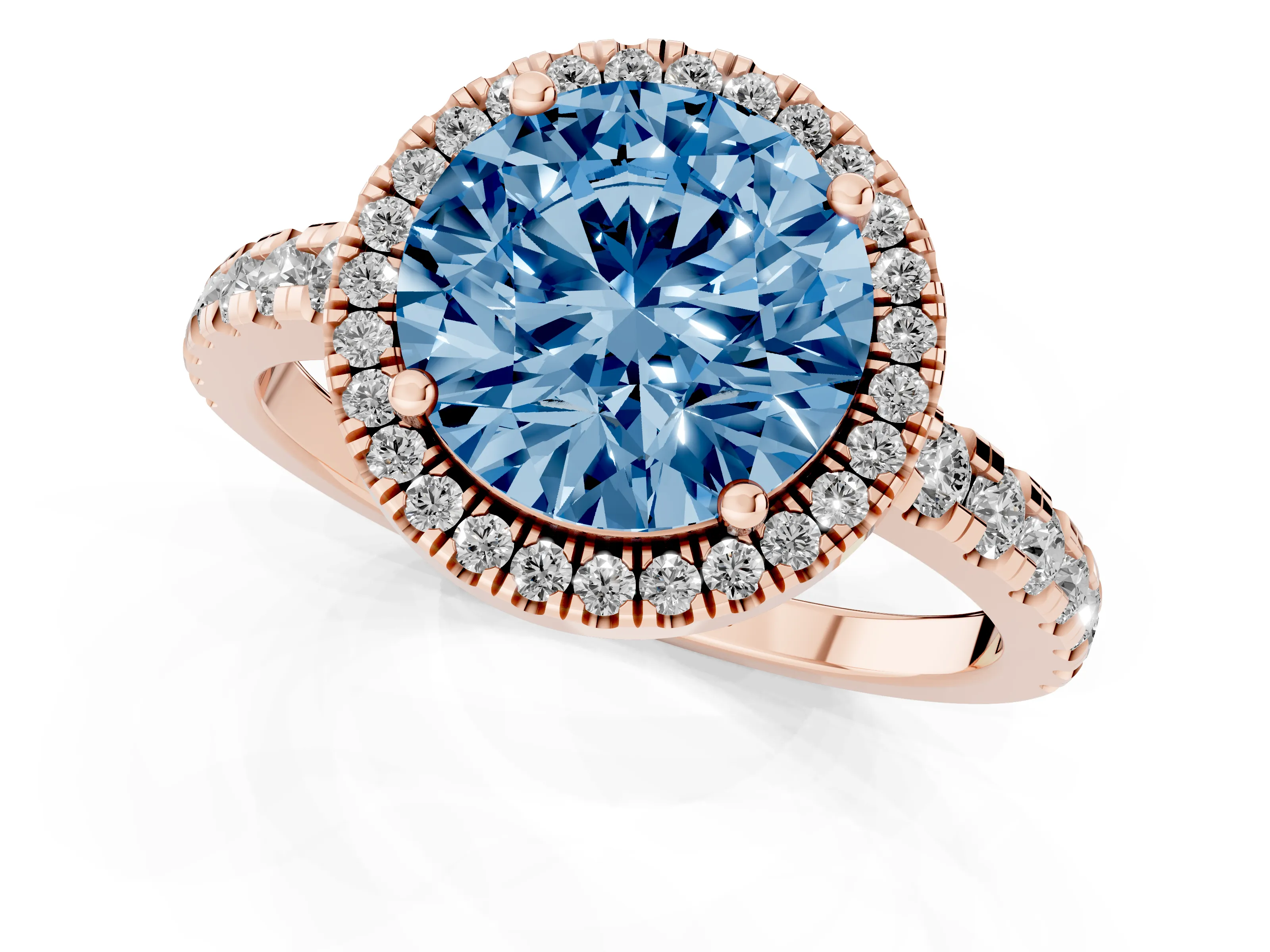Fancy Blue Round Cut Diamond Halo Ring Set in Rose gold with Delicate Pavé Band and Prong Setting