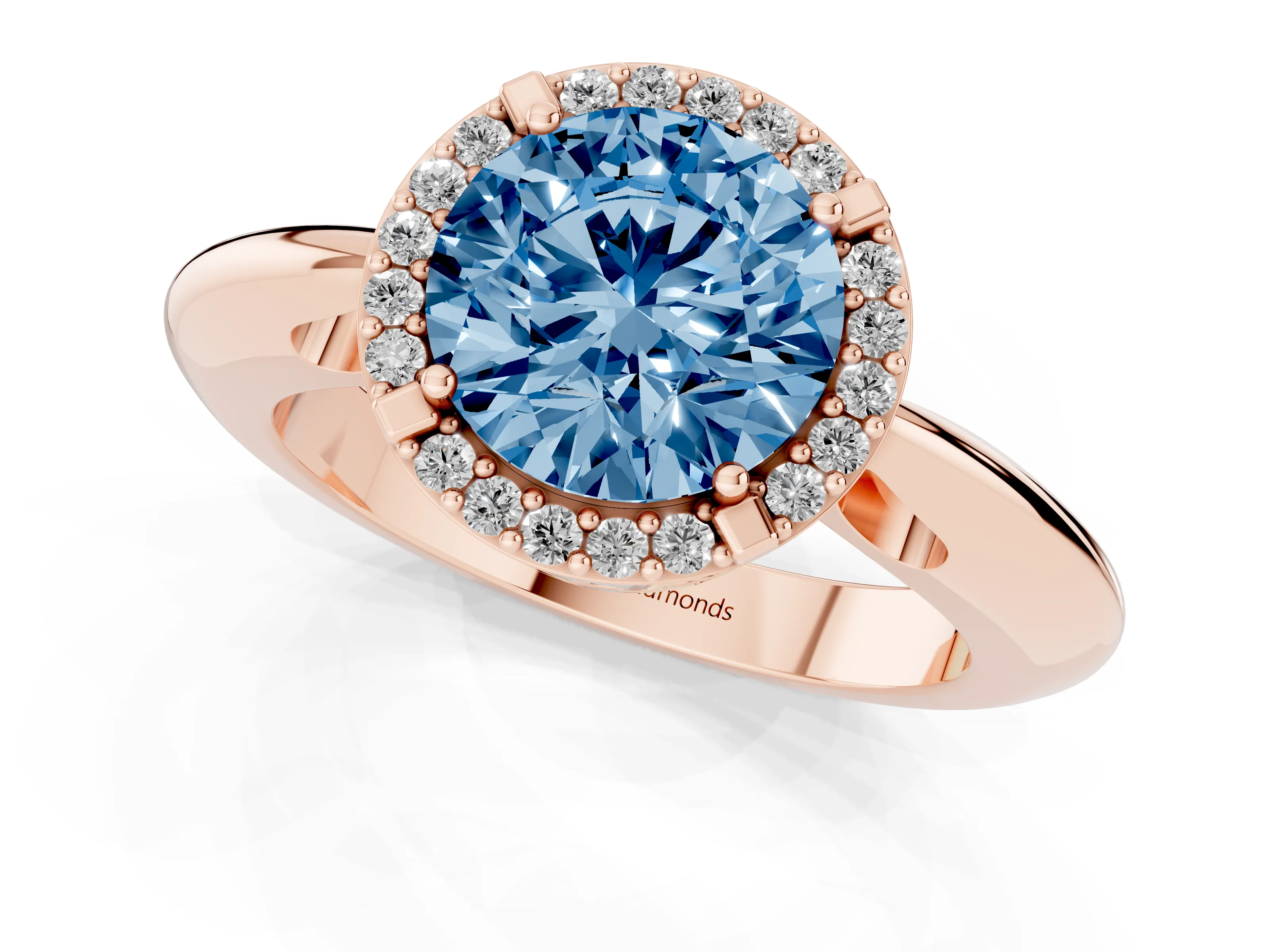 Fancy Blue Round Cut Diamond Halo Engagement Ring Set in Rose gold with Plain Split Shank and Prong Setting