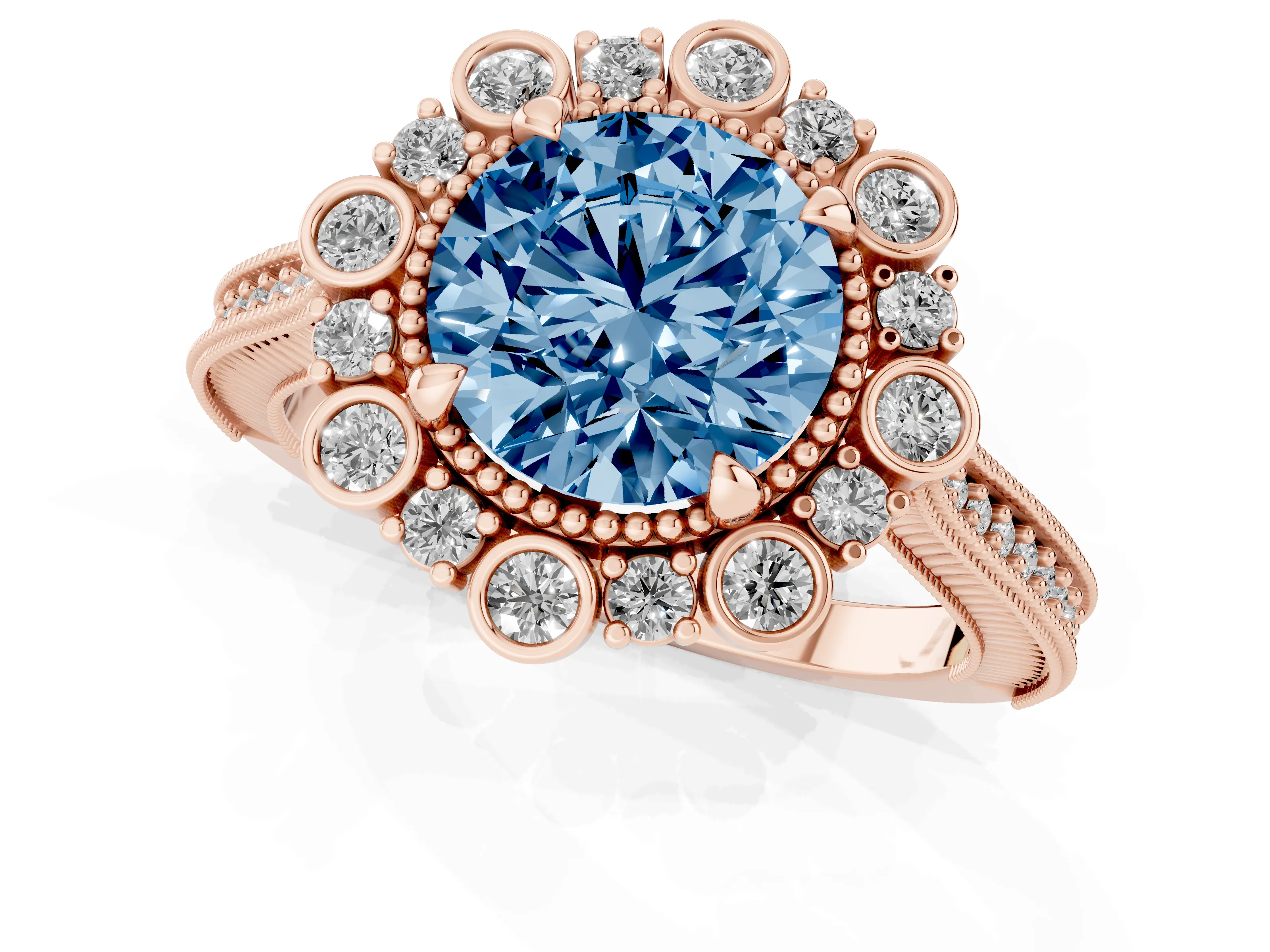 Fancy Blue Round Cut Diamond Halo Milgrain Pavé Ring Set in Rose gold with Prong Setting