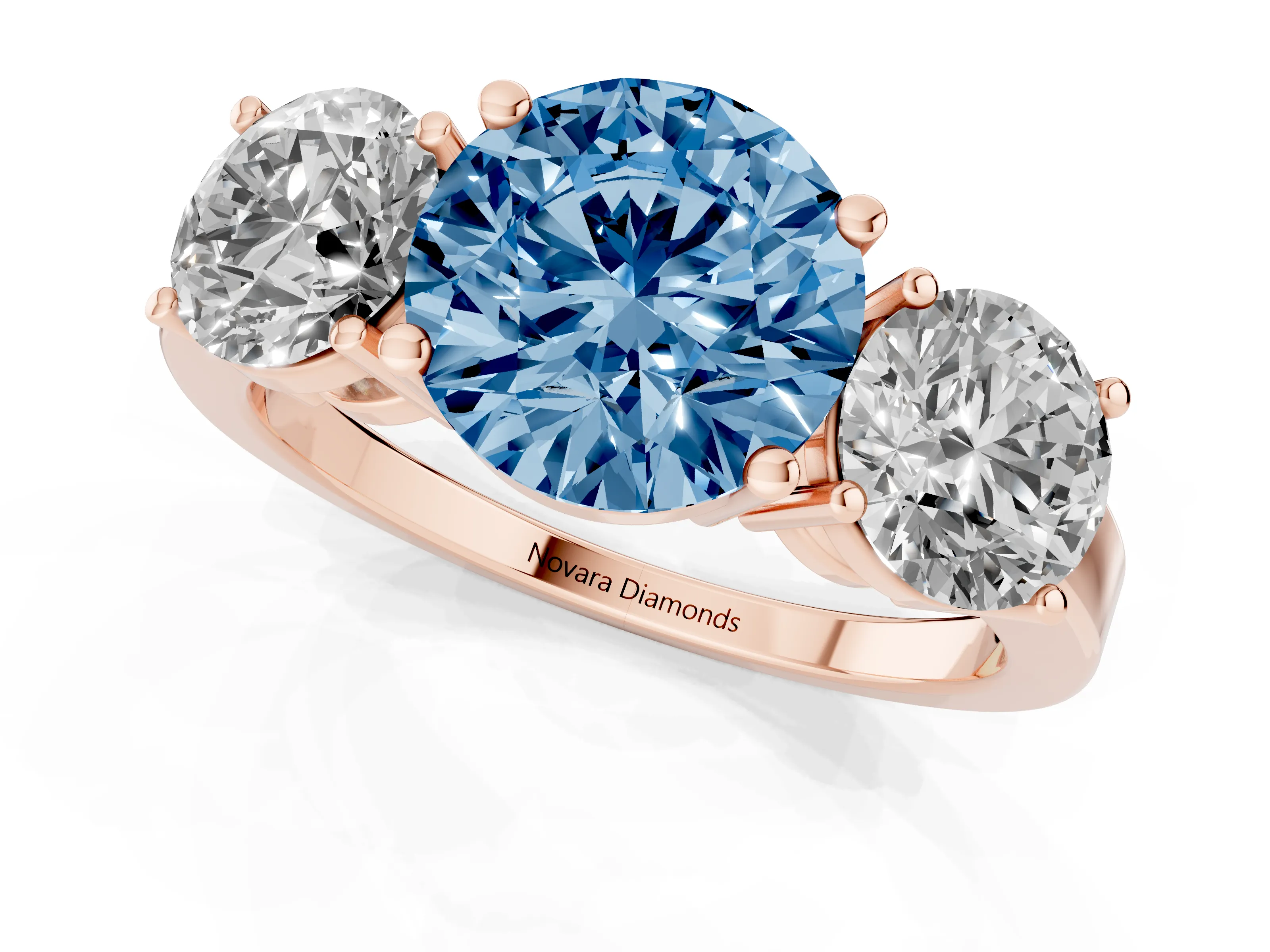 Fancy Blue Round Cut Diamond Three-Stone Engagement Ring Set in Rose gold with Flat Band