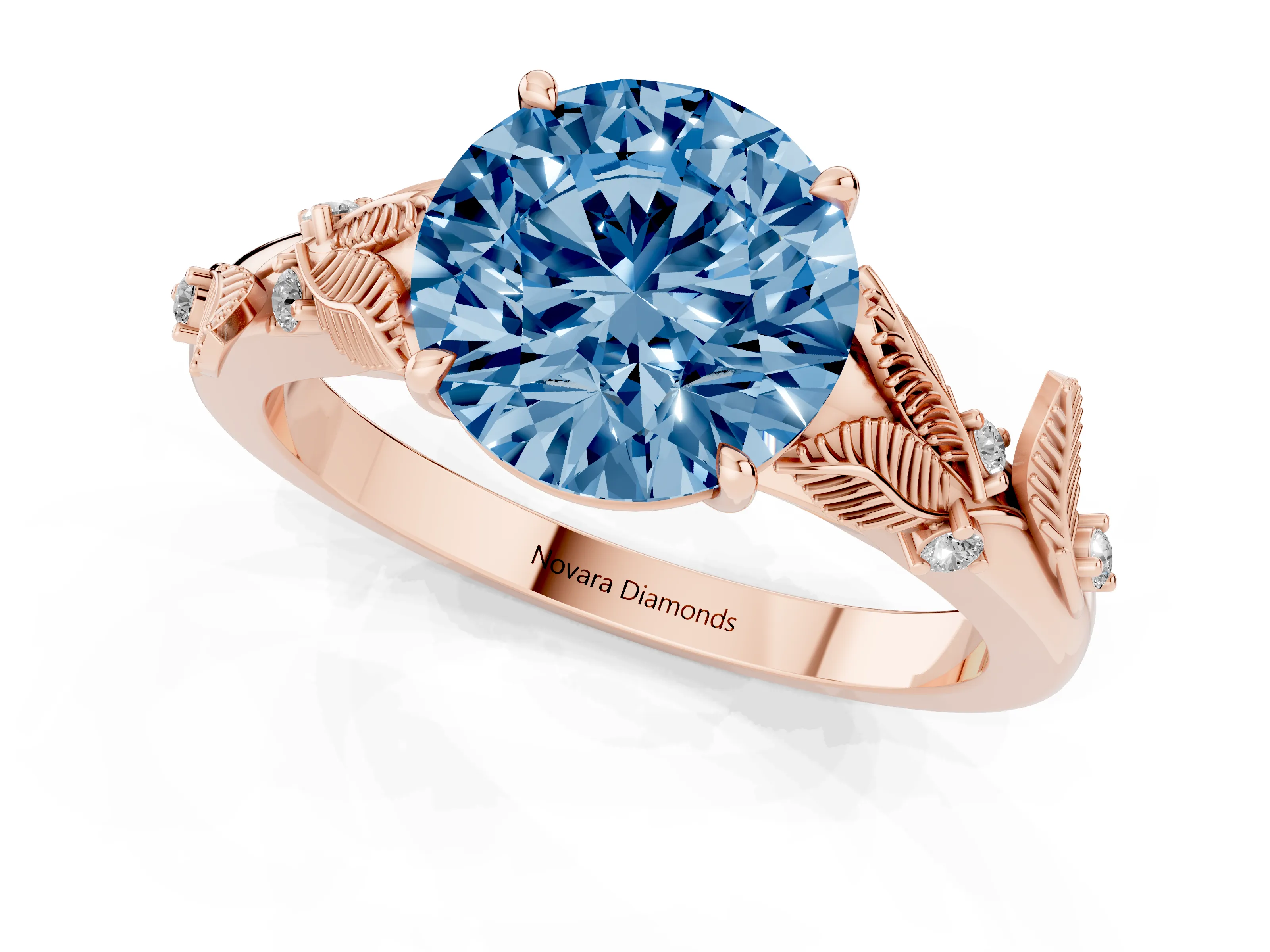 Fancy Blue Round Cut Diamond Solitaire Ring Set in Rose gold with Leaf Motif Band