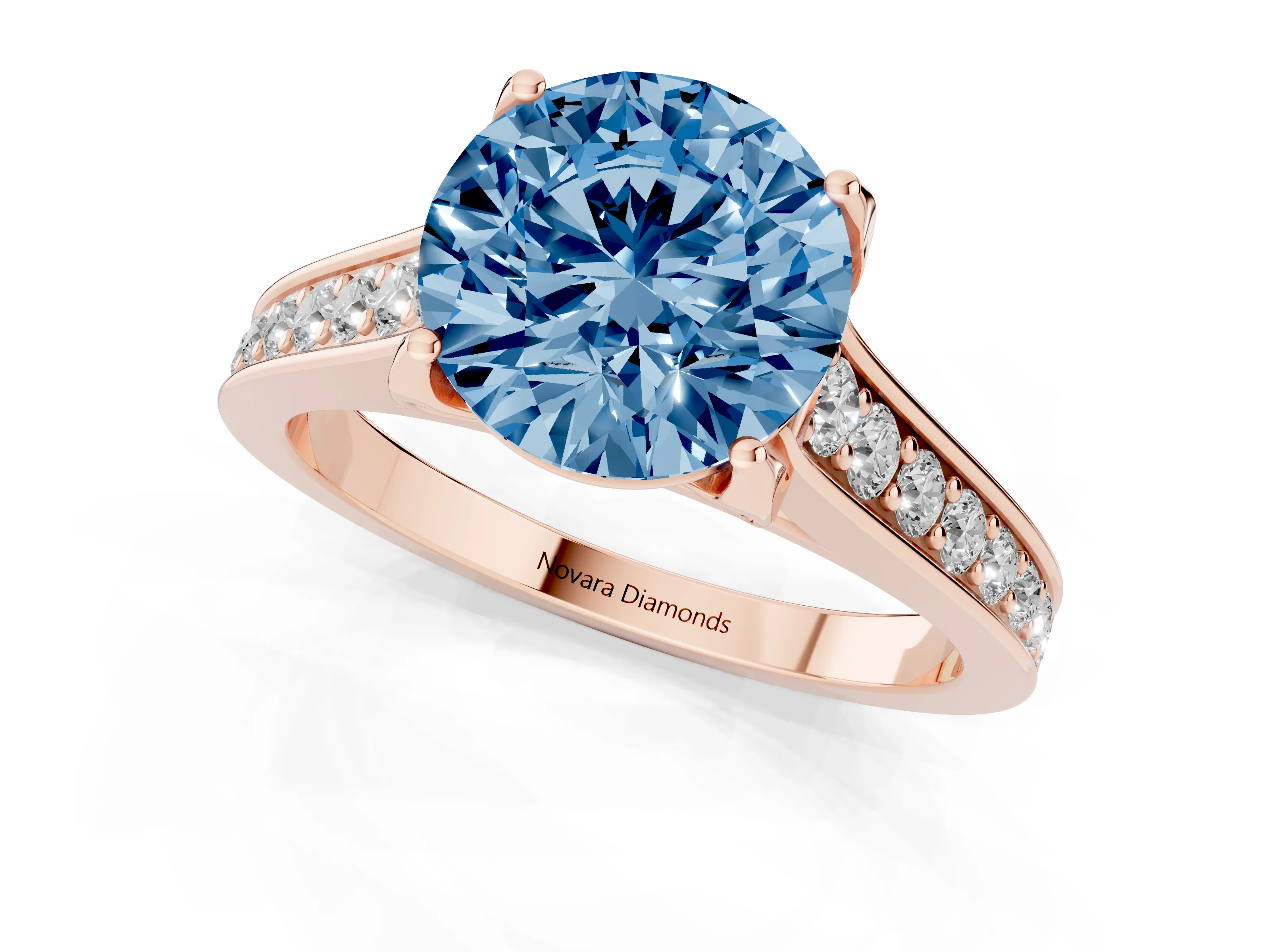 Fancy Blue Round Cut Diamond Solitaire Pavé Engagement Ring Set in Rose gold with Prong Setting