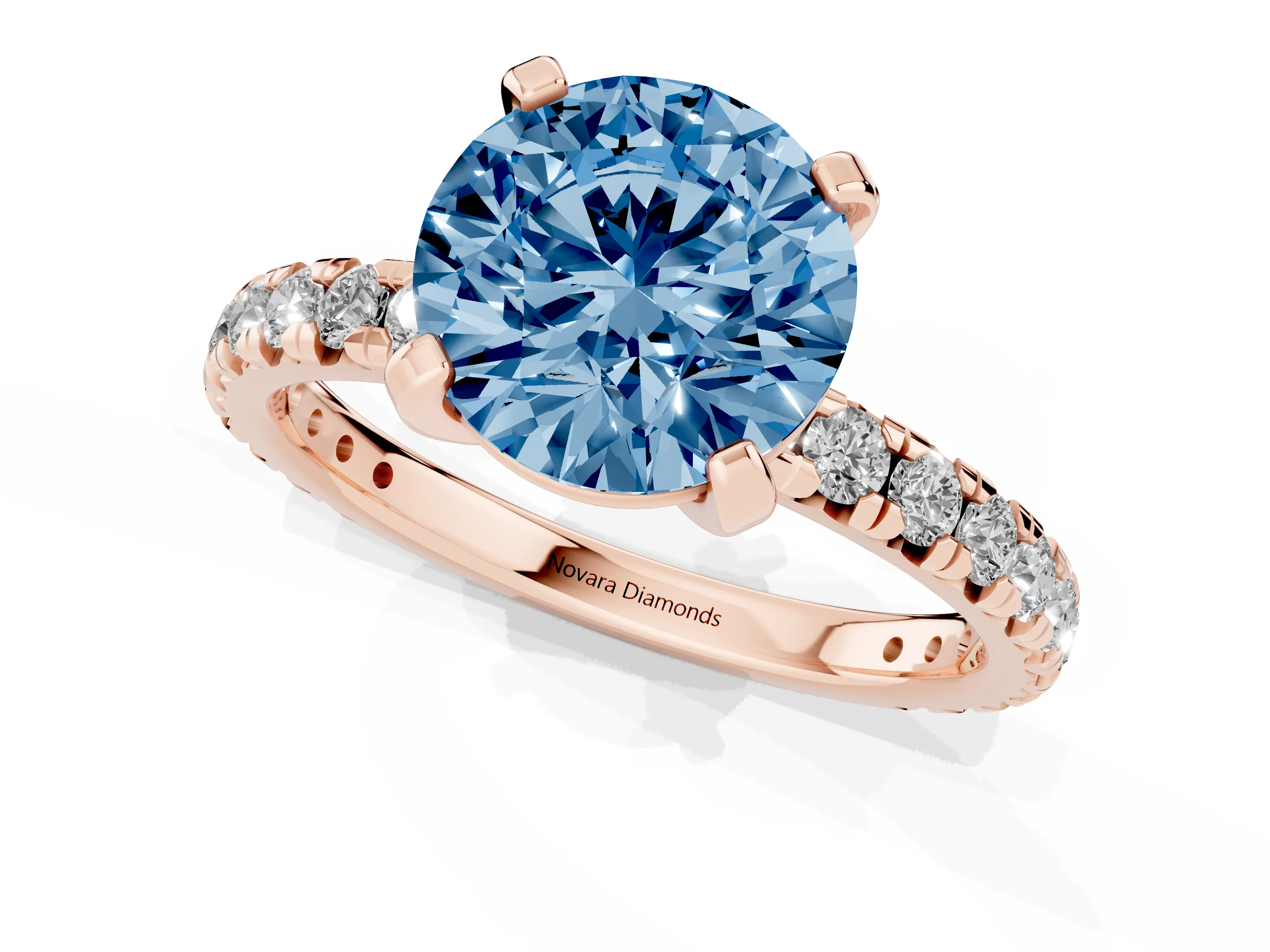 Fancy Blue Round Cut Diamond Pavé Solitaire Ring Set in Rose gold with Round Band and Prong Setting