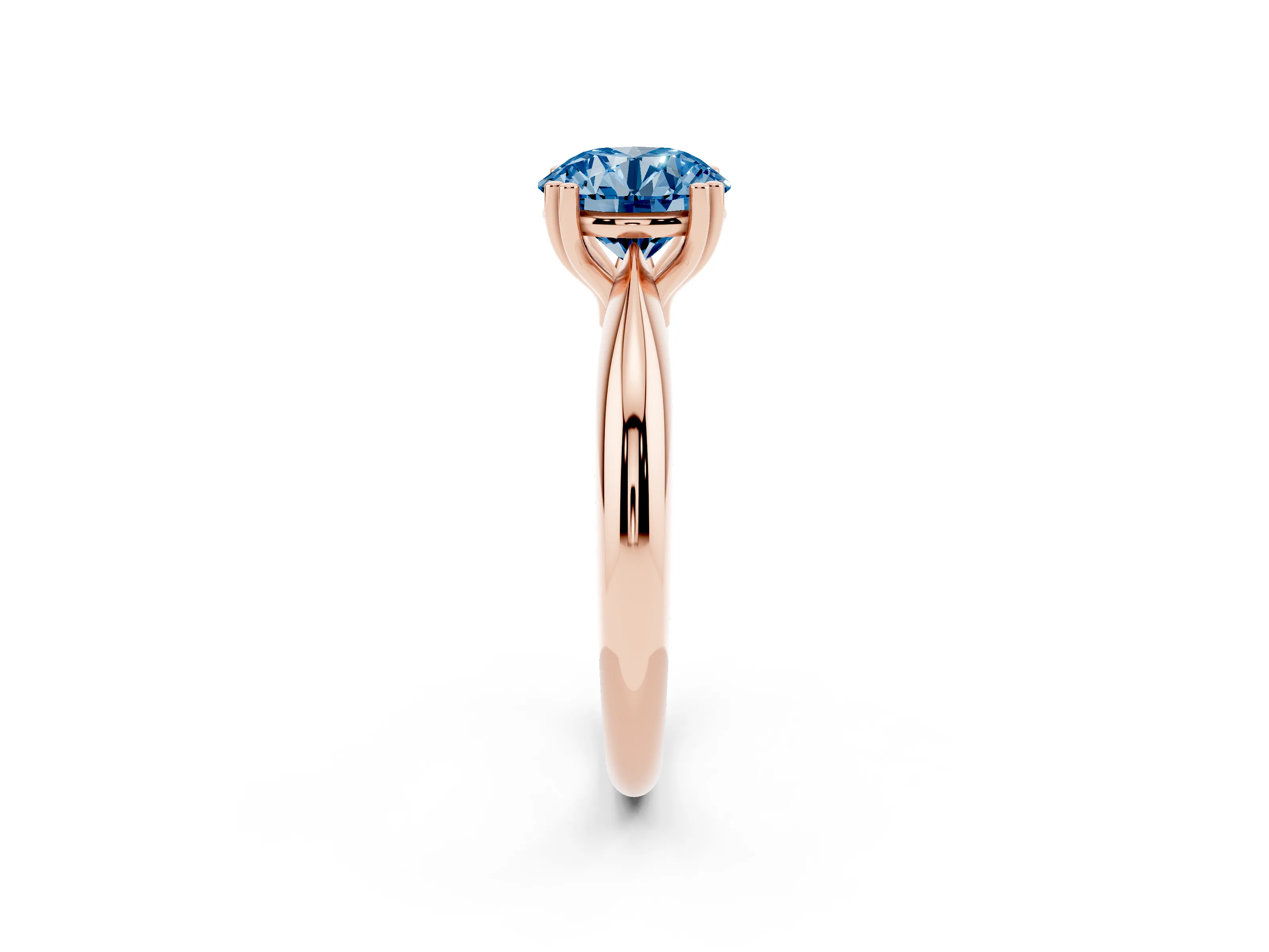 Fancy Blue Round Cut Diamond Solitaire Engagement Ring Set in Rose gold with Tapered Band and Prong Setting