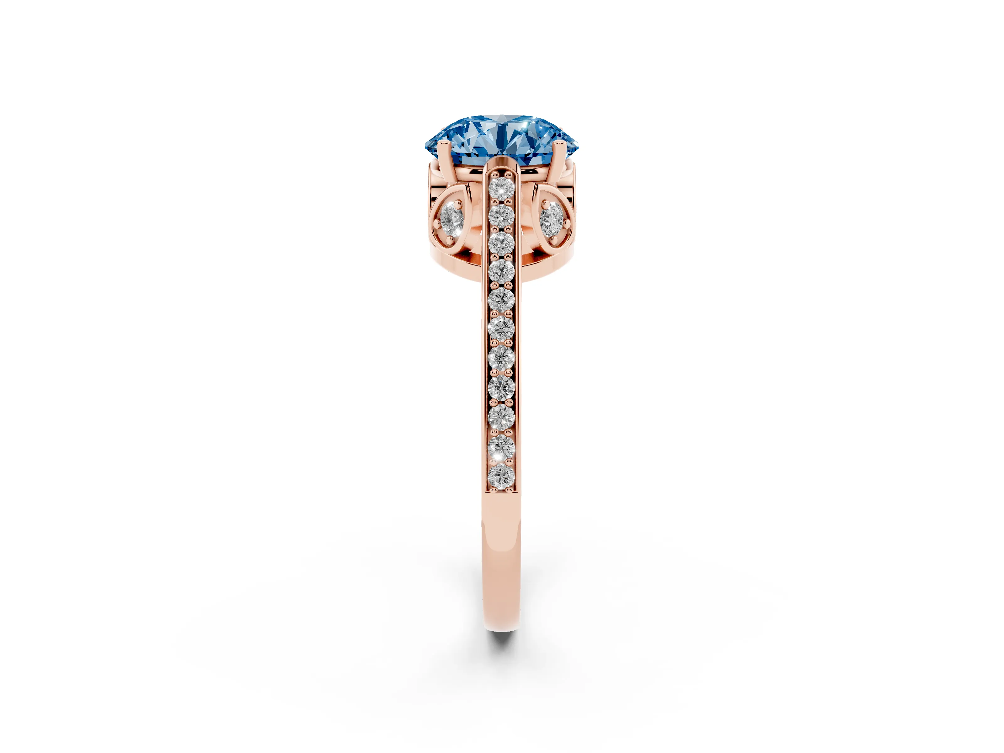 Fancy Blue Round Cut Diamond Cathedral Pavé Engagement Ring Set in Rose gold with Prong Setting