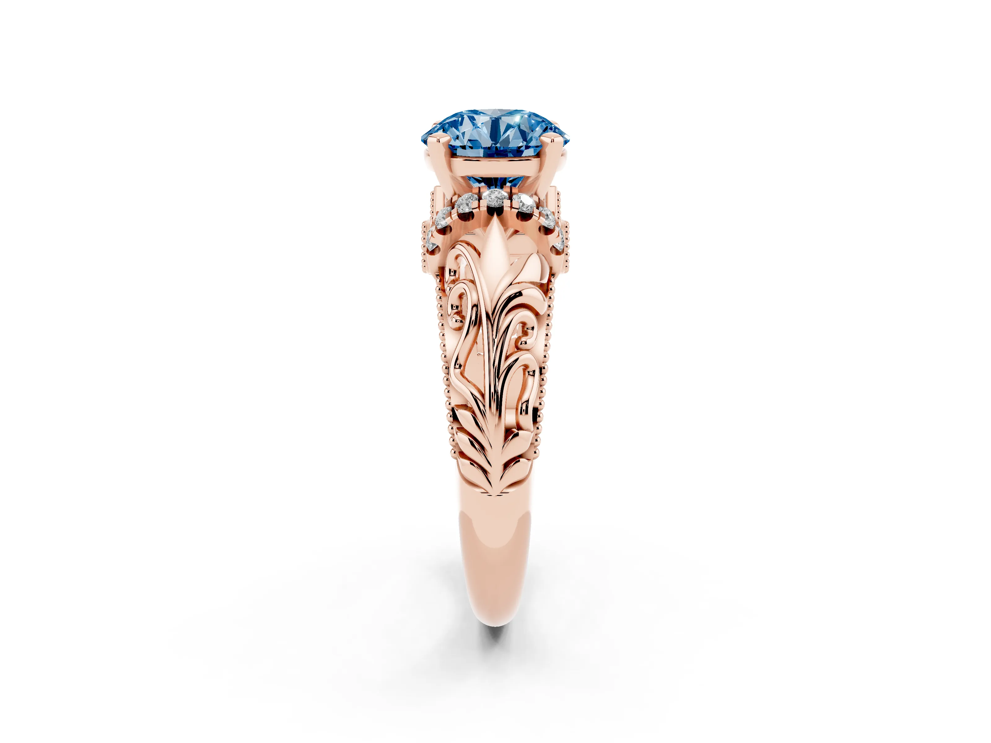 Fancy Blue Round Cut Diamond Filigree Halo Engagement Ring Set in Rose gold with Prong Setting