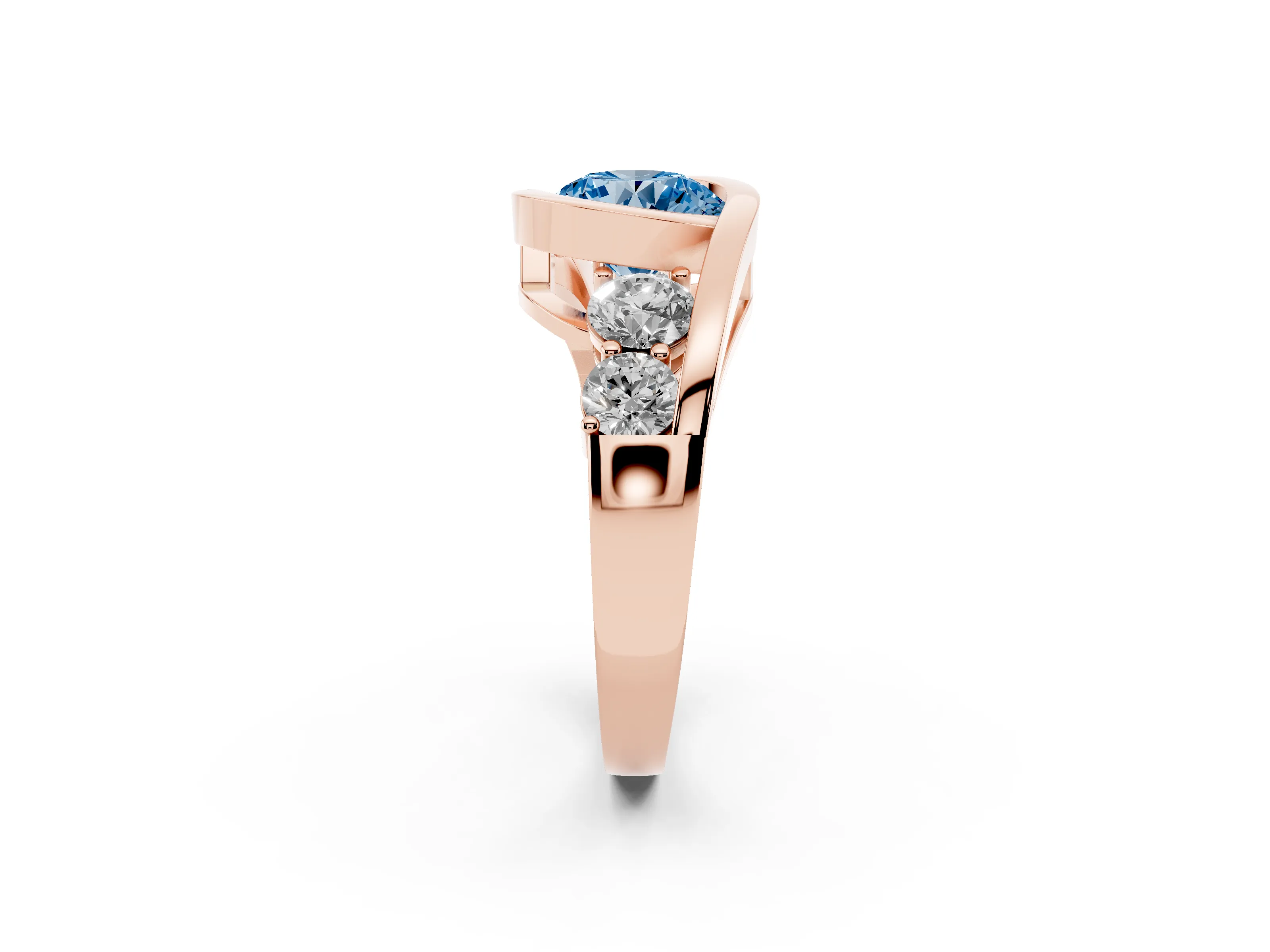 Fancy Blue Round Cut Diamond Bezel Bypass Ring Set in Rose gold with Round Accents
