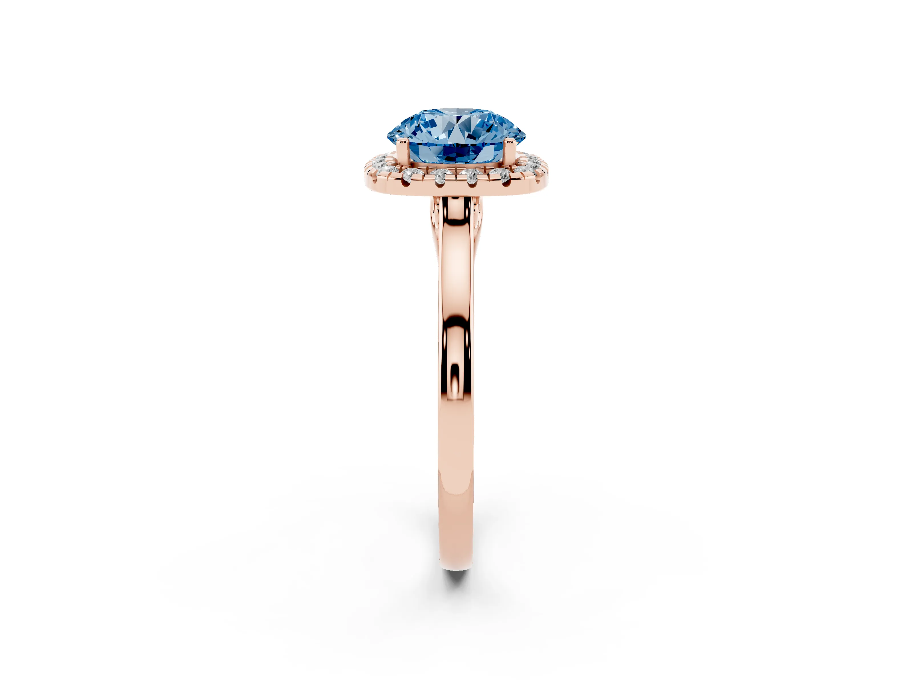Fancy Blue Round Cut Halo Round Diamond Solitaire Ring Set in Rose gold with Pavé Band and Prong Setting