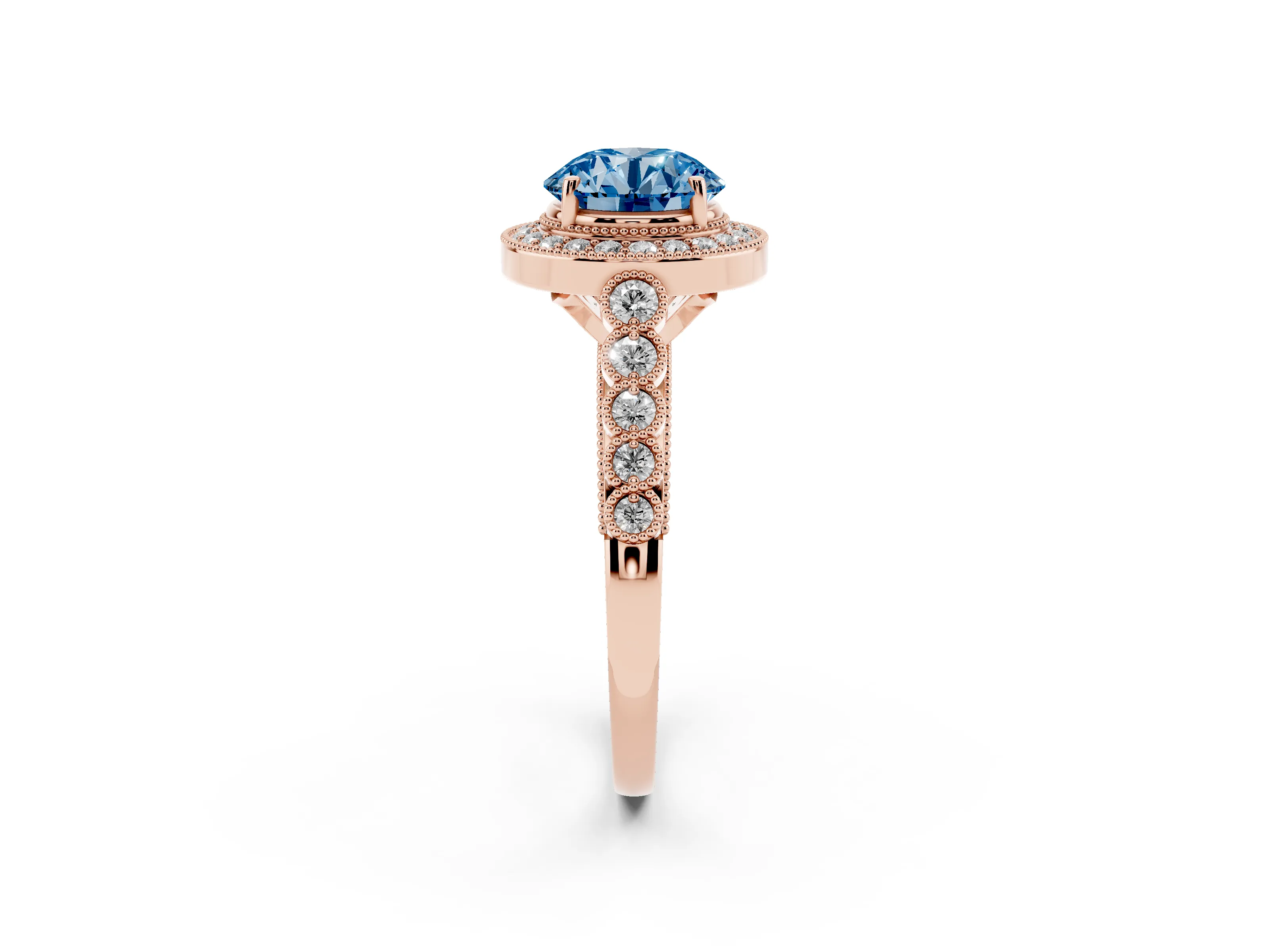 Fancy Blue Round Cut Diamond Milgrain Halo Solitaire Ring Set in Rose gold with Bezel Set Side Stones and Pavé Band