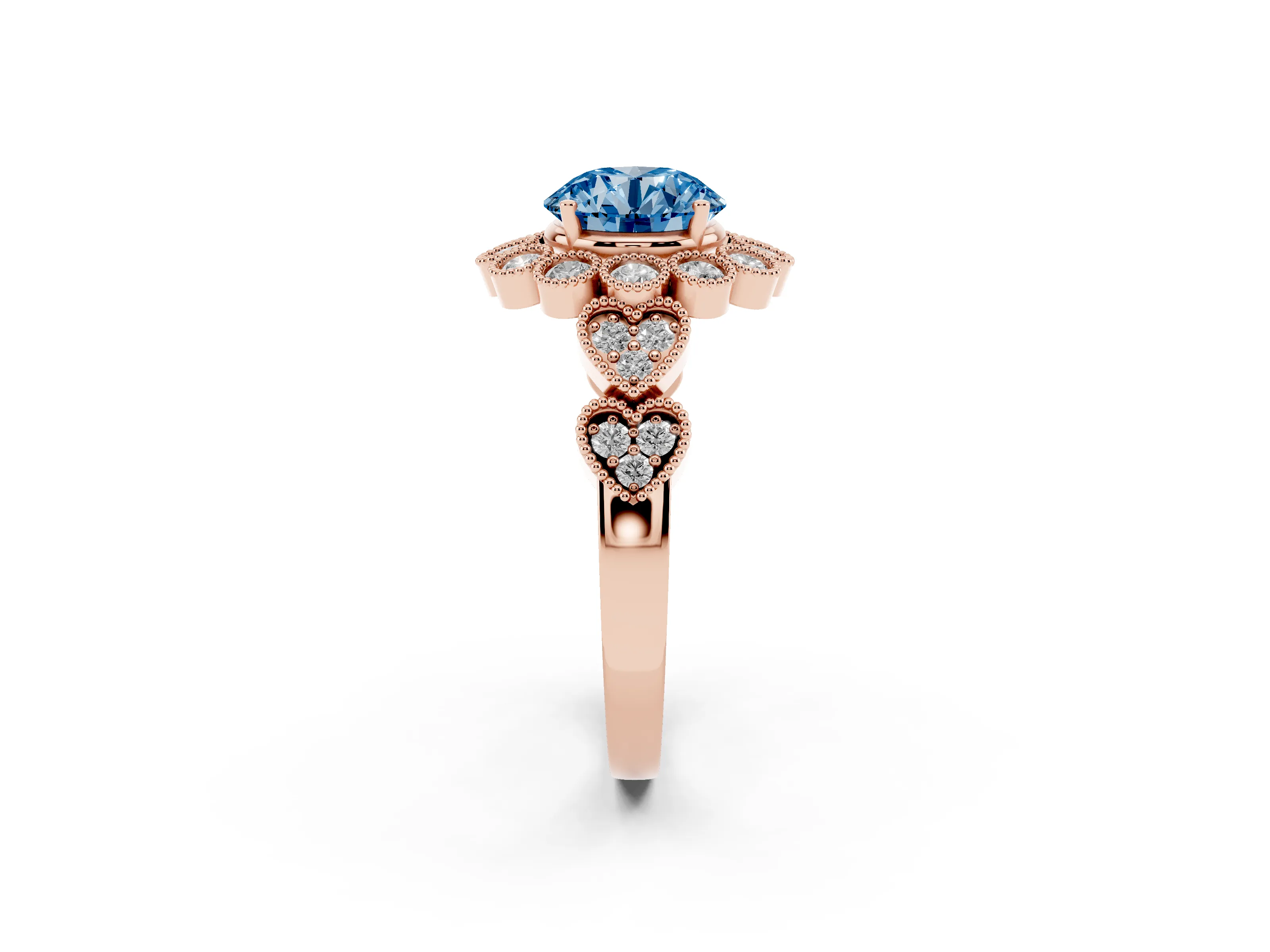 Fancy Blue Round Cut Diamond Solitaire Ring Set in Rose gold with Milgrain Pavé Heart Band
