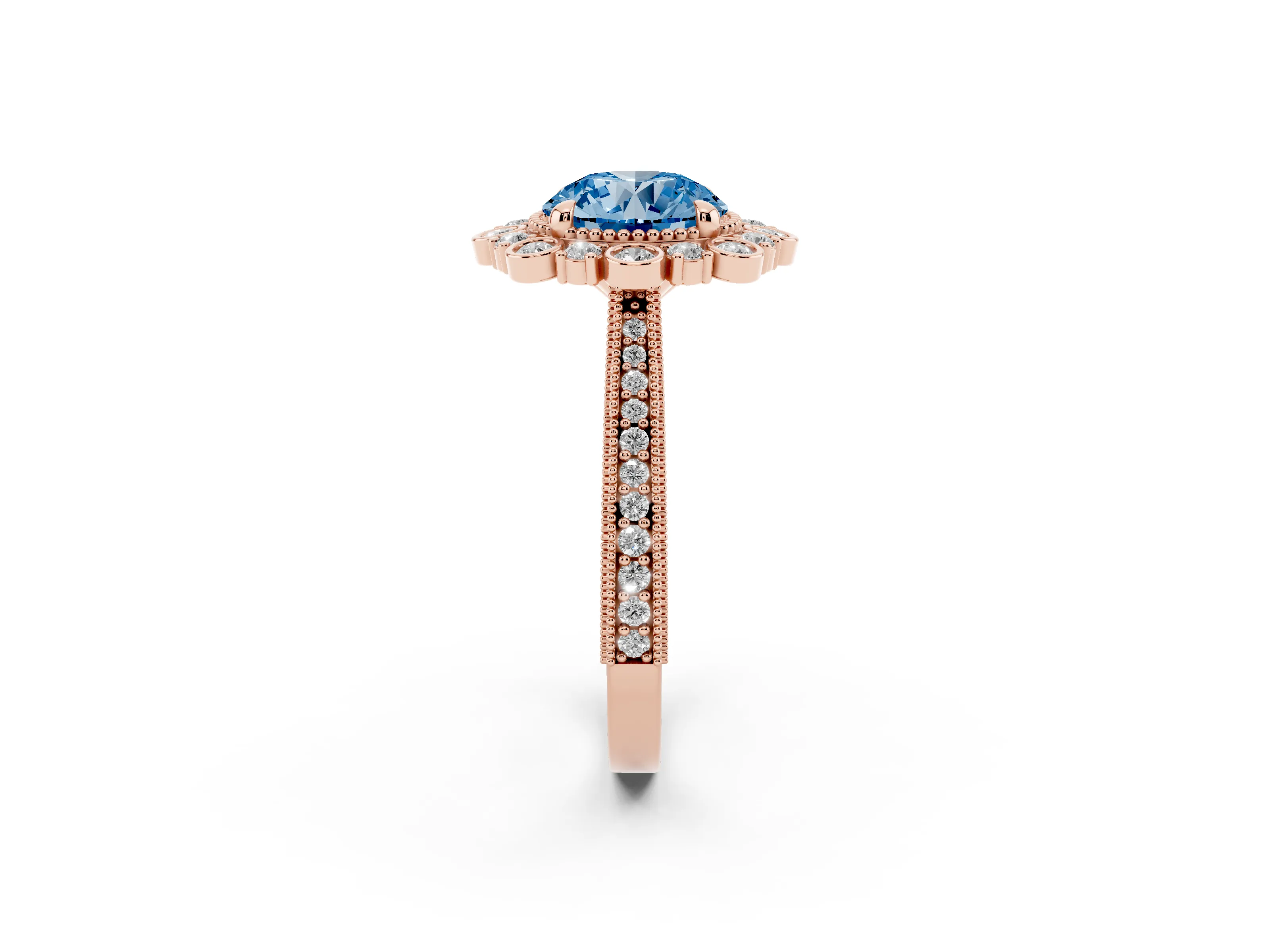 Fancy Blue Round Cut Diamond Halo Milgrain Pavé Ring Set in Rose gold with Prong Setting