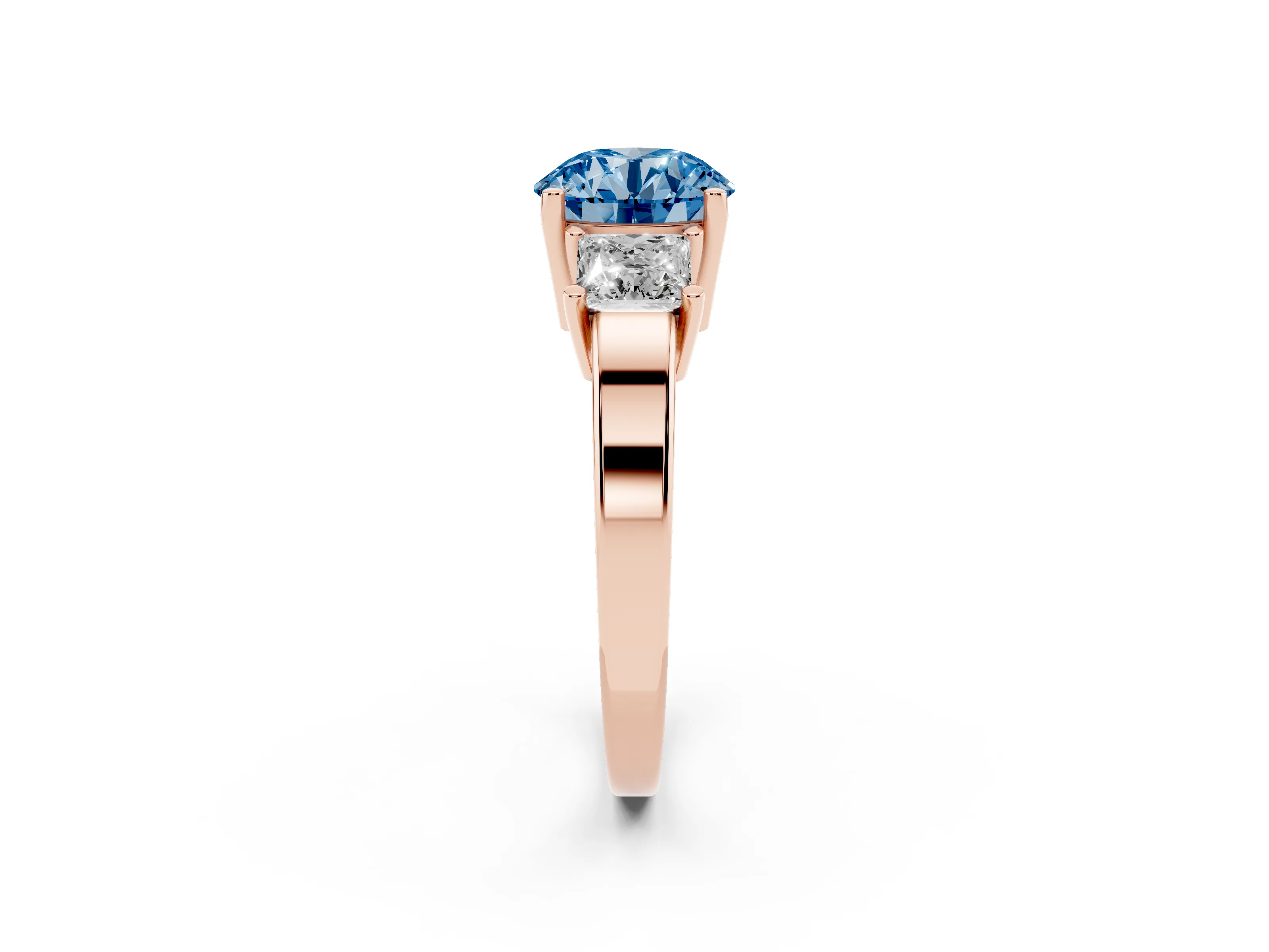 Fancy Blue Three-Stone Round Cut Diamond Solitaire Ring Set in Rose gold with Prong Setting