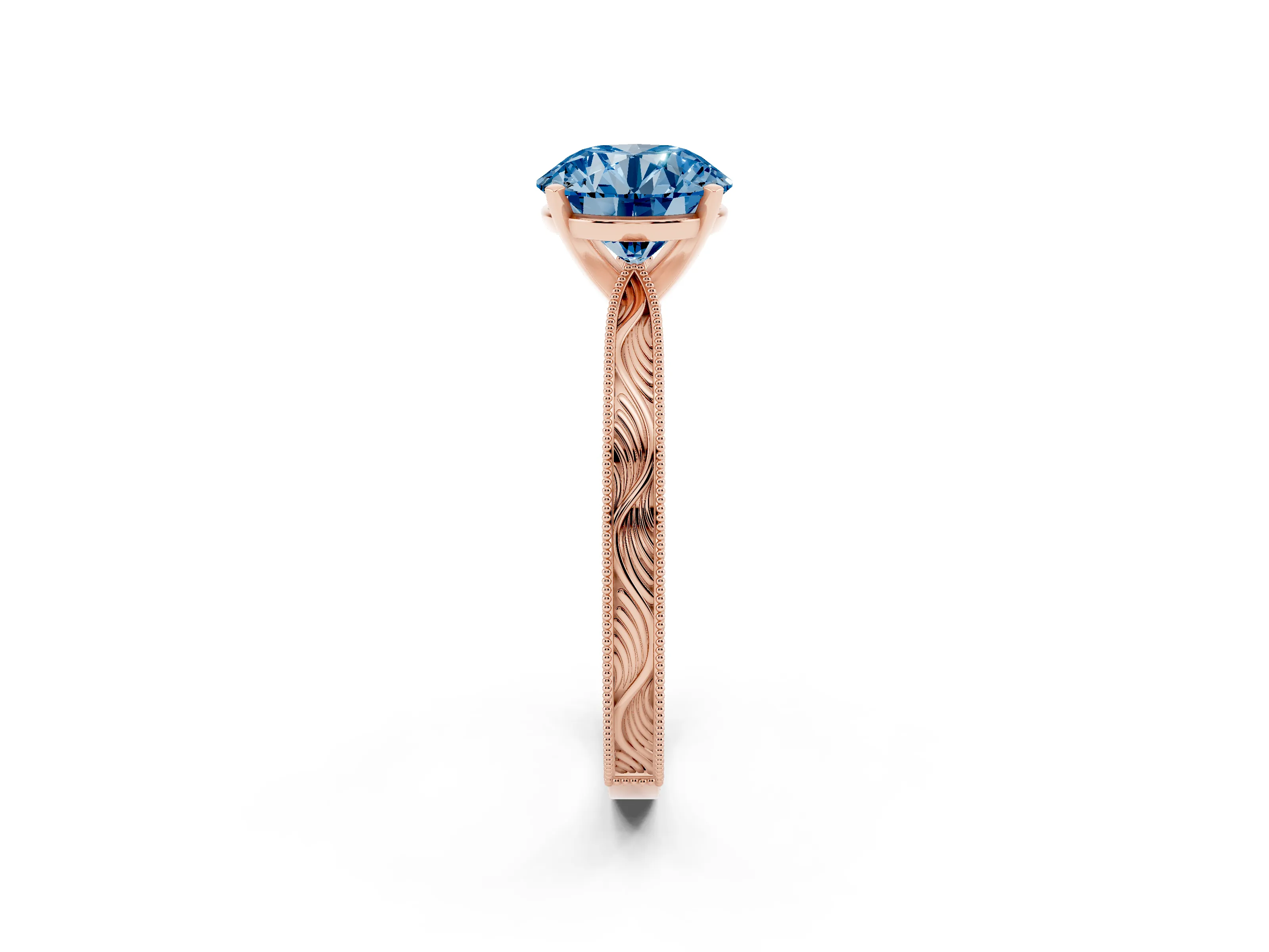 Fancy Blue Round Cut Diamond Solitaire Milgrain Engraved Band Set in Rose gold with Prong Setting