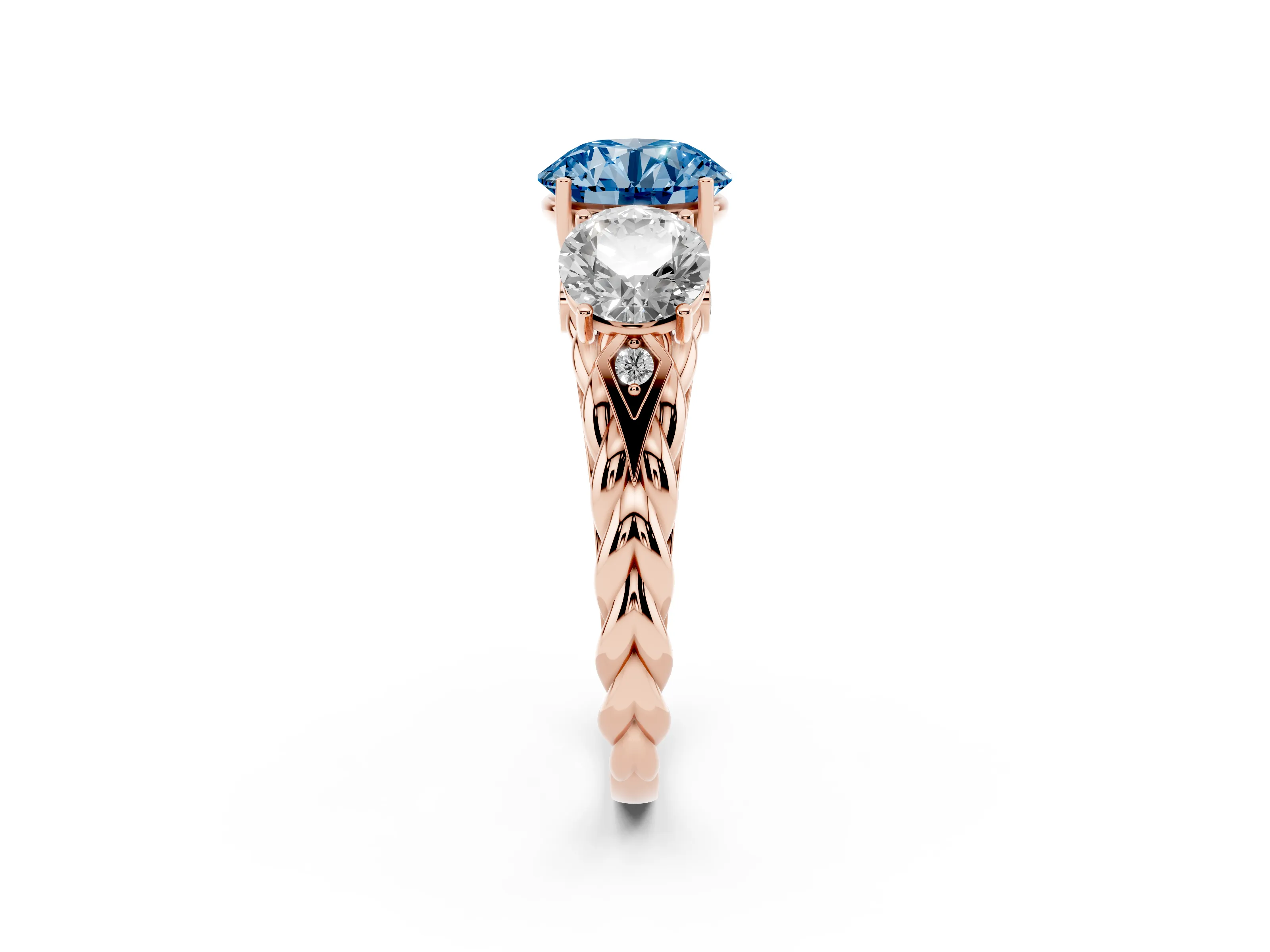 Fancy Blue Round Cut Diamond Three-Stone Ring Set in Rose gold with Braided Band