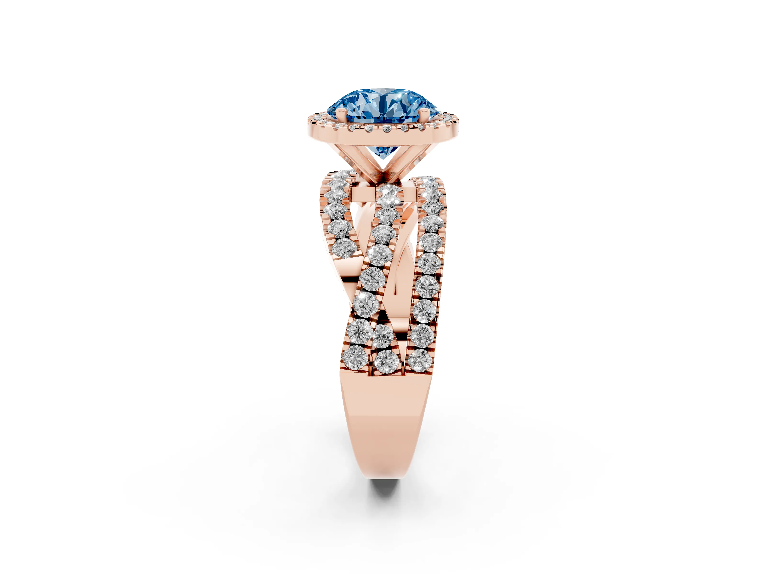 Fancy Blue Round Cut Diamond Halo Ring Set in Rose gold with Round Crossover Split Shank and Prong Setting