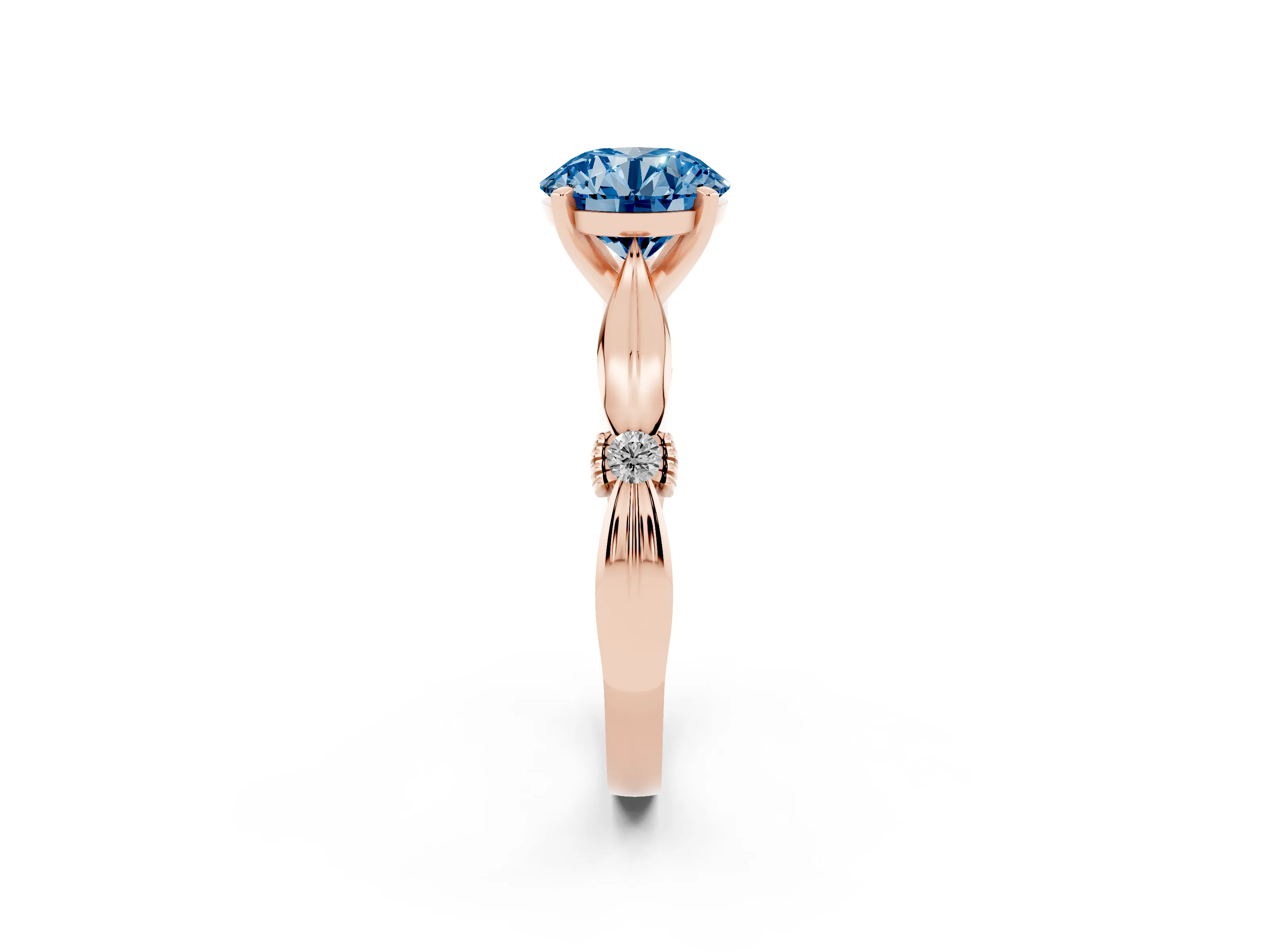 Fancy Blue Round Cut Diamond Solitaire Twisted Band Ring Set in Rose gold with Accent Stones and Prong Setting