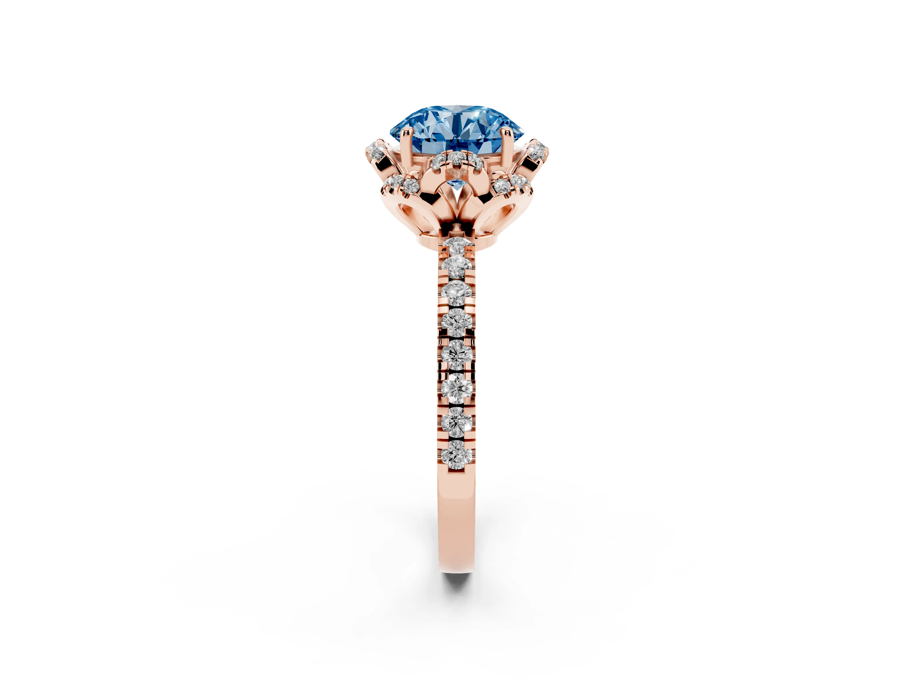 Fancy Blue Round Cut Diamond Halo Pavé Band Ring Set in Rose gold with Prong-Held Center