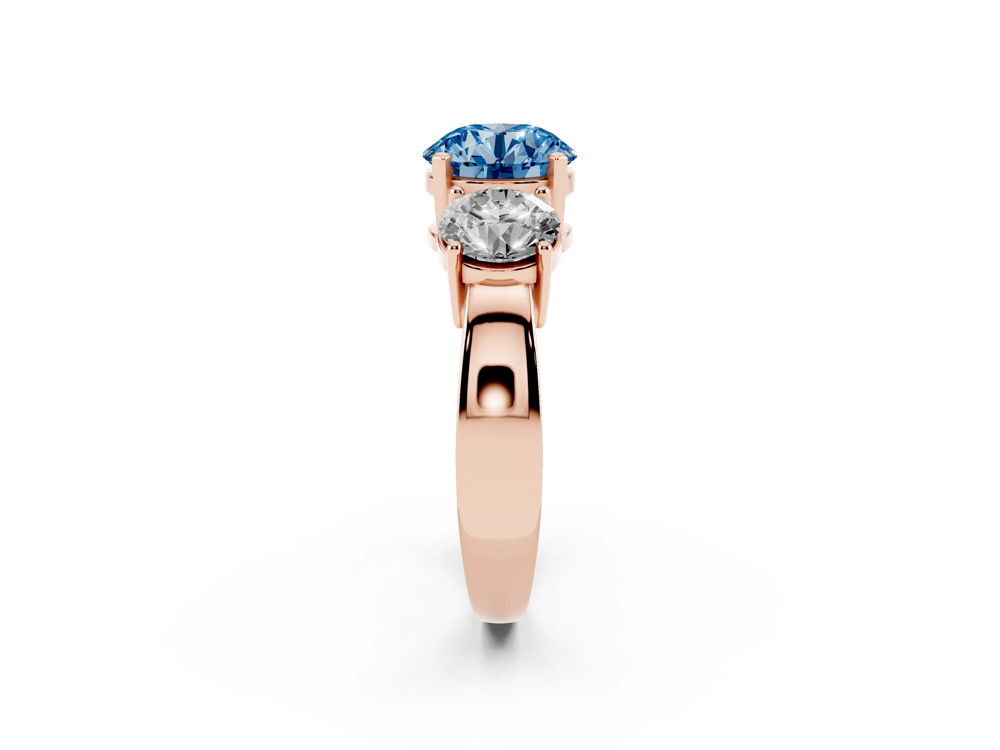 Fancy Blue Round Cut Diamond Three-Stone Ring Set in Rose gold with Round Side Stones and Classic Band