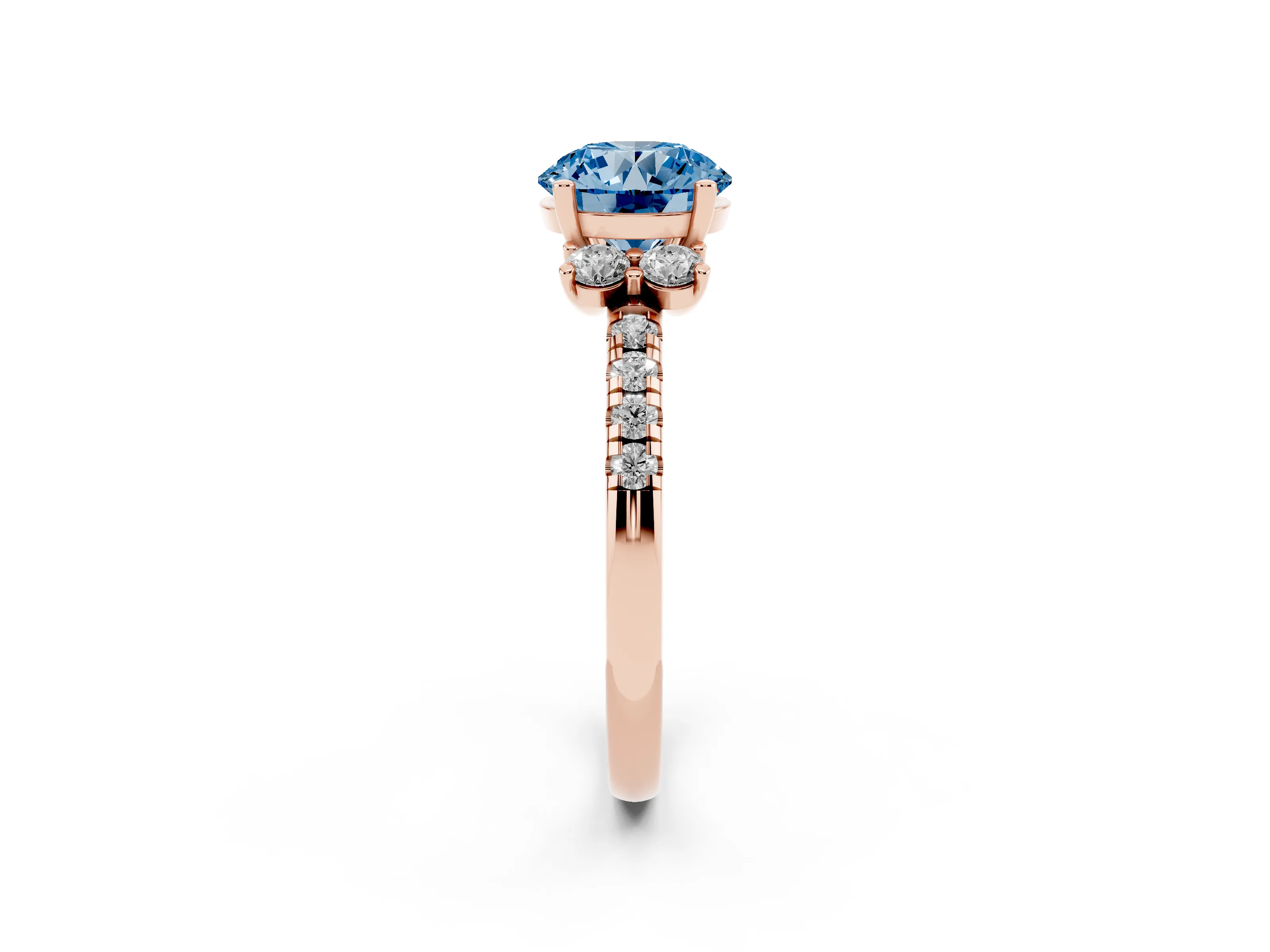 Fancy Blue Round Cut Diamond Three-Stone Pavé Ring Set in Rose gold with Prong Setting