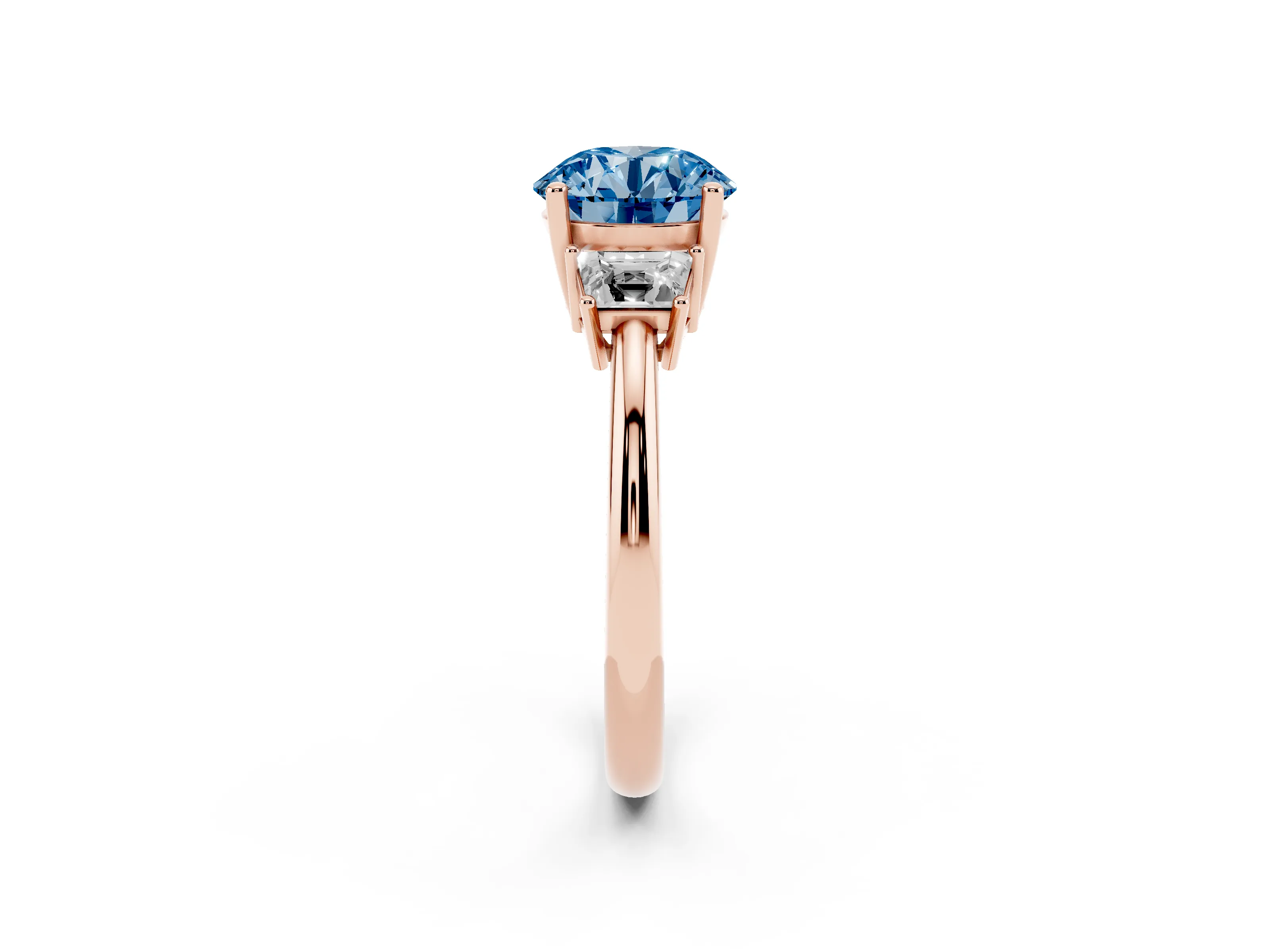 Fancy Blue Round Cut Diamond Three-Stone Ring Set in Rose gold with Trapezoid Side Stones and Prong Setting