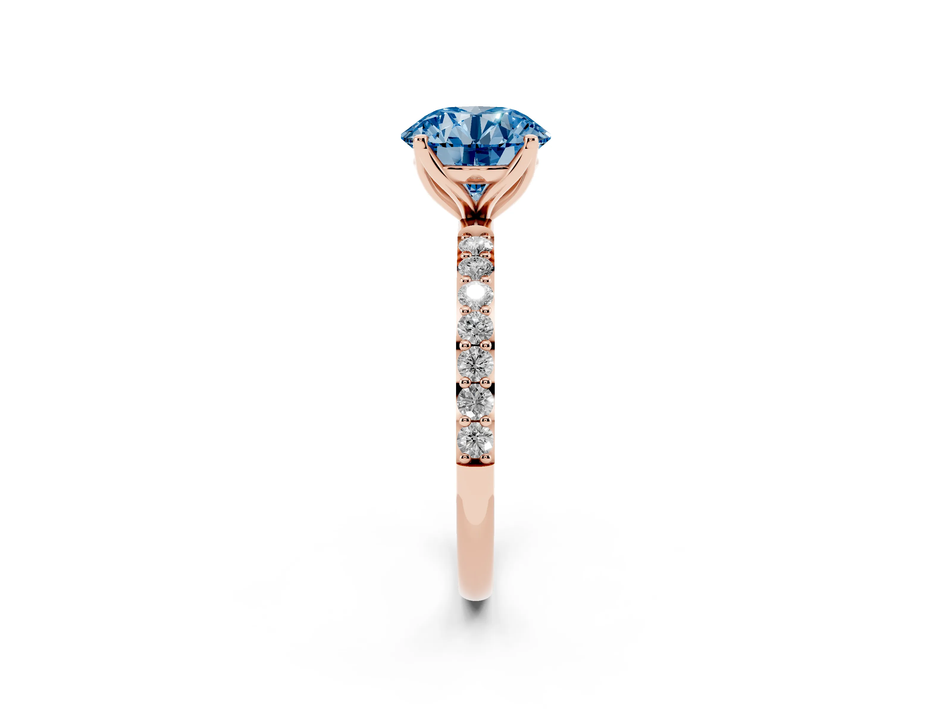 Fancy Blue Round Cut Diamond Solitaire Engagement Ring Set in Rose gold with Round Pavé Band and Prong Setting
