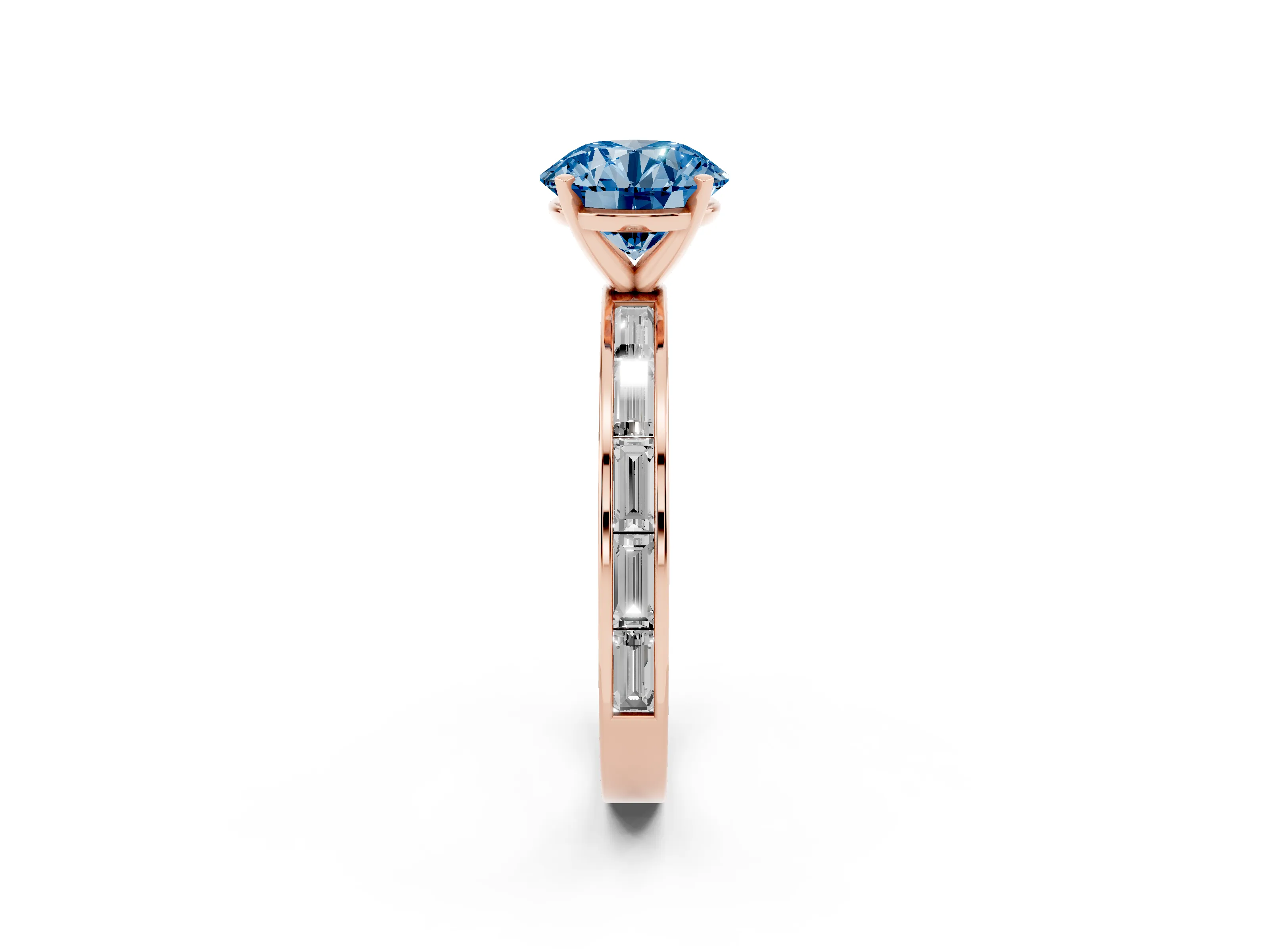 Fancy Blue Round Cut Diamond Solitaire Ring Set in Rose gold with Channel-Set Baguette Band and Prong Setting