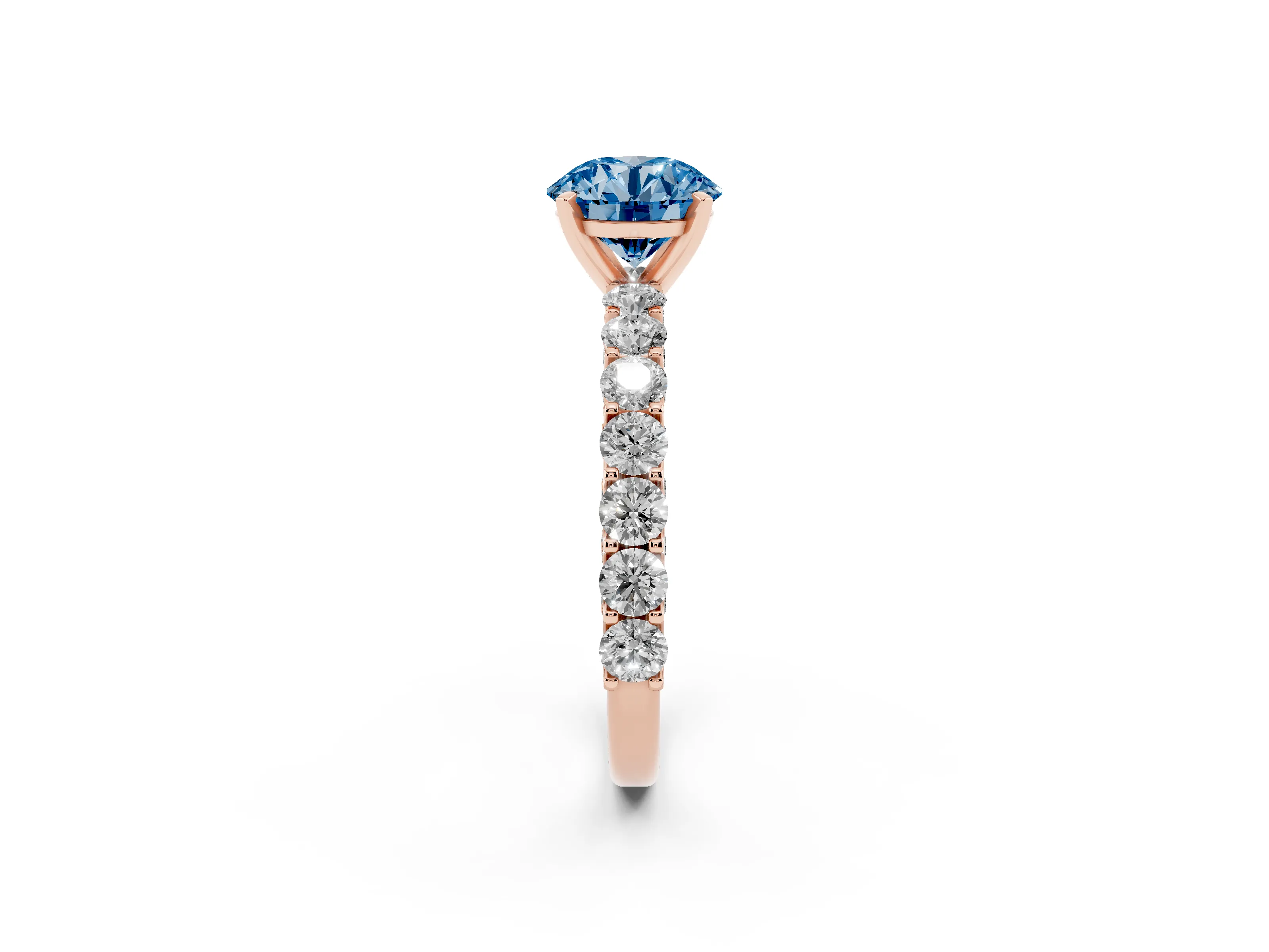 Fancy Blue Round Cut Diamond Solitaire Ring Set in Rose gold with Shared Prong Pavé Band