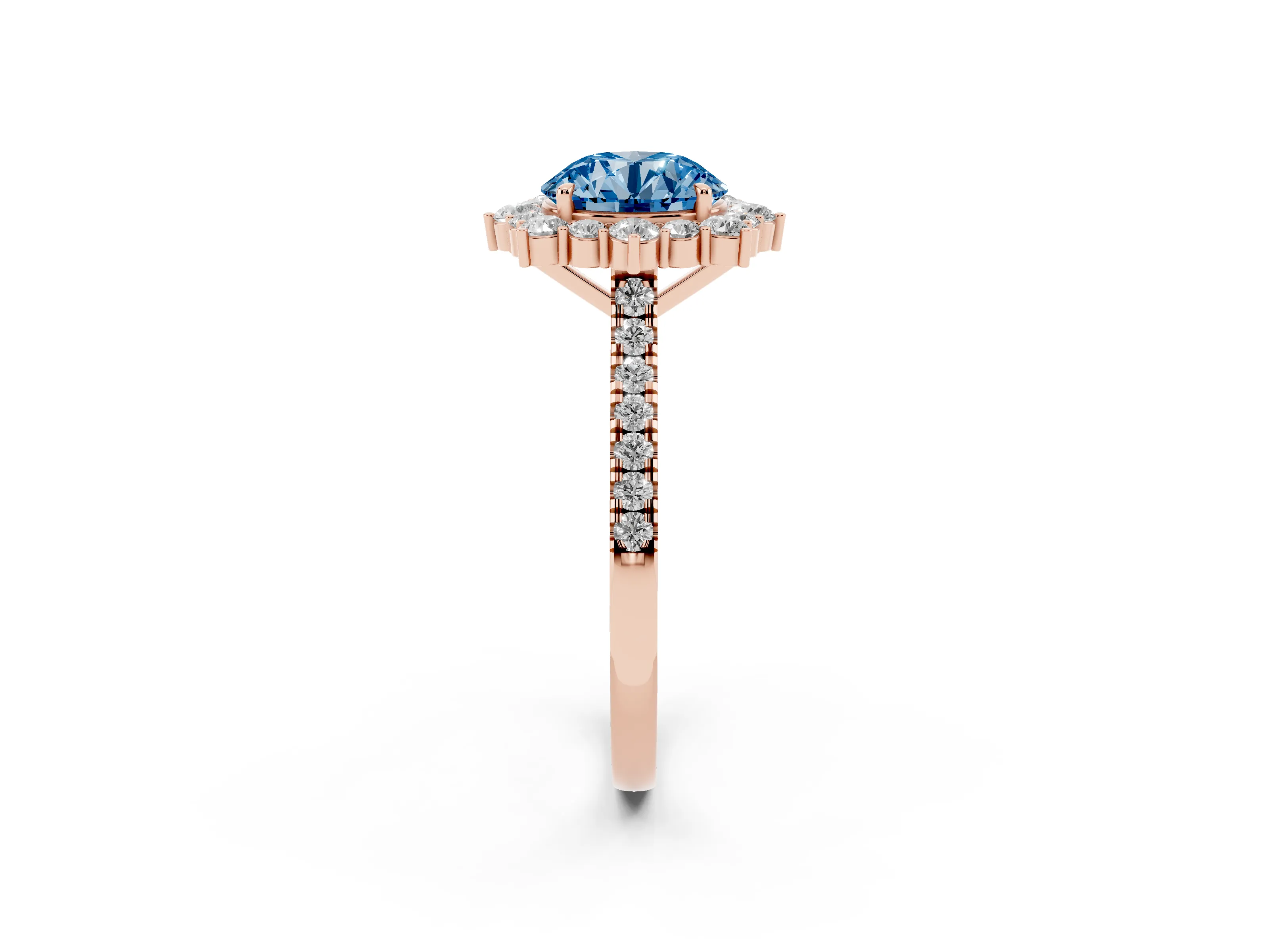 Fancy Blue Round Cut Diamond Halo Ring Set in Rose gold with Pavé Band and Prong Setting