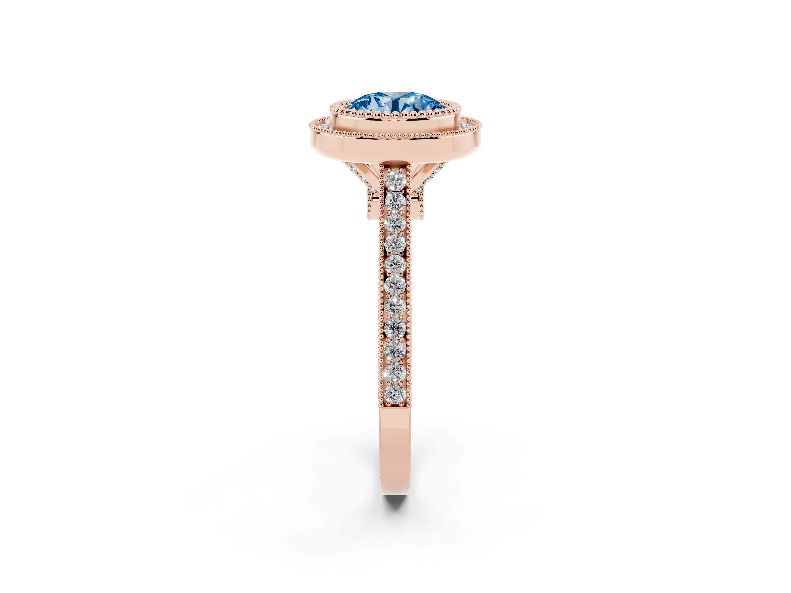 Fancy Blue Round Cut Diamond Halo Ring Set in Rose gold with Milgrain Frame and Pavé Band