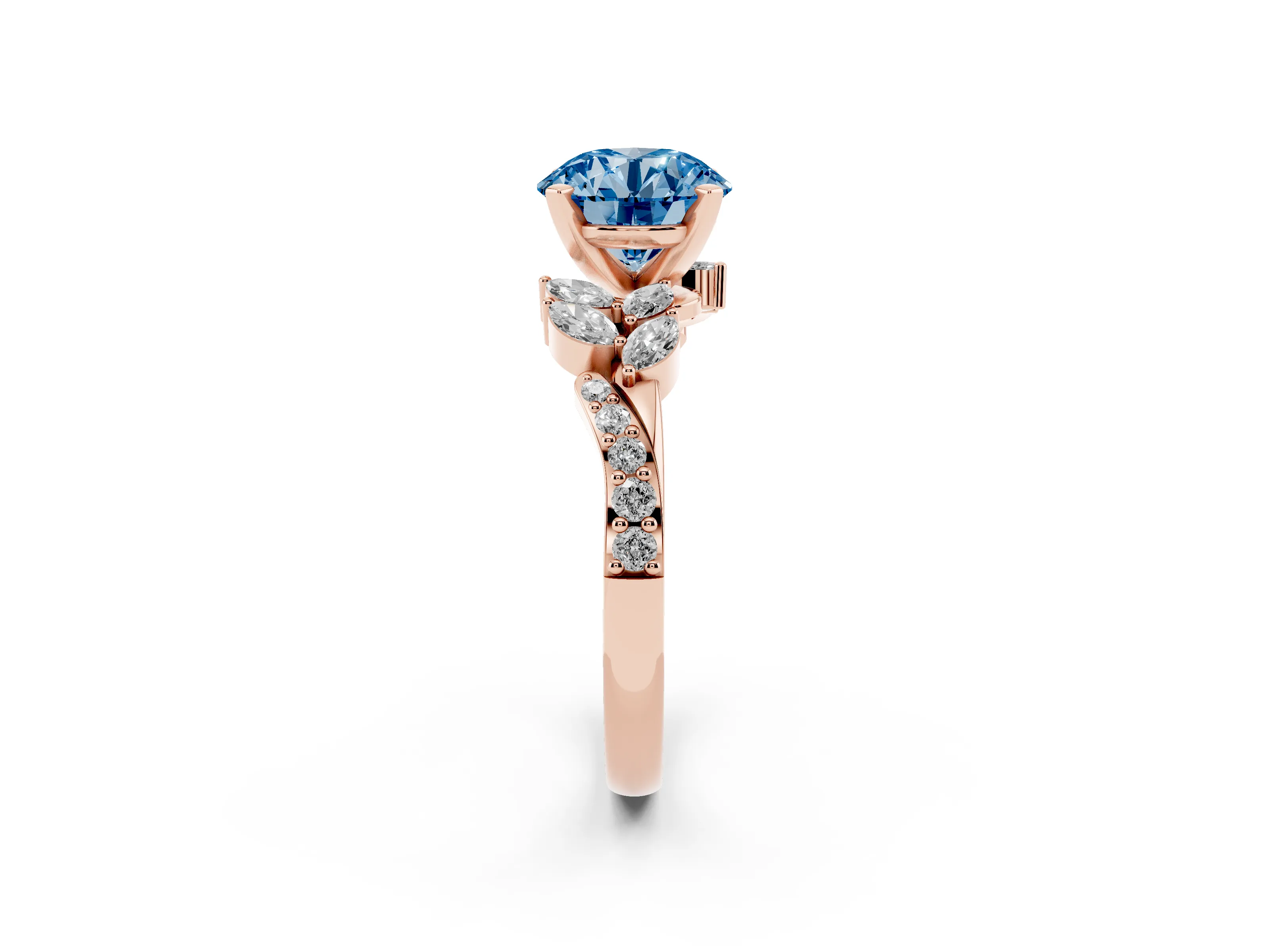 Fancy Blue Round Cut Diamond Solitaire Ring Set in Rose gold with Marquise Twist Band and Prong Setting