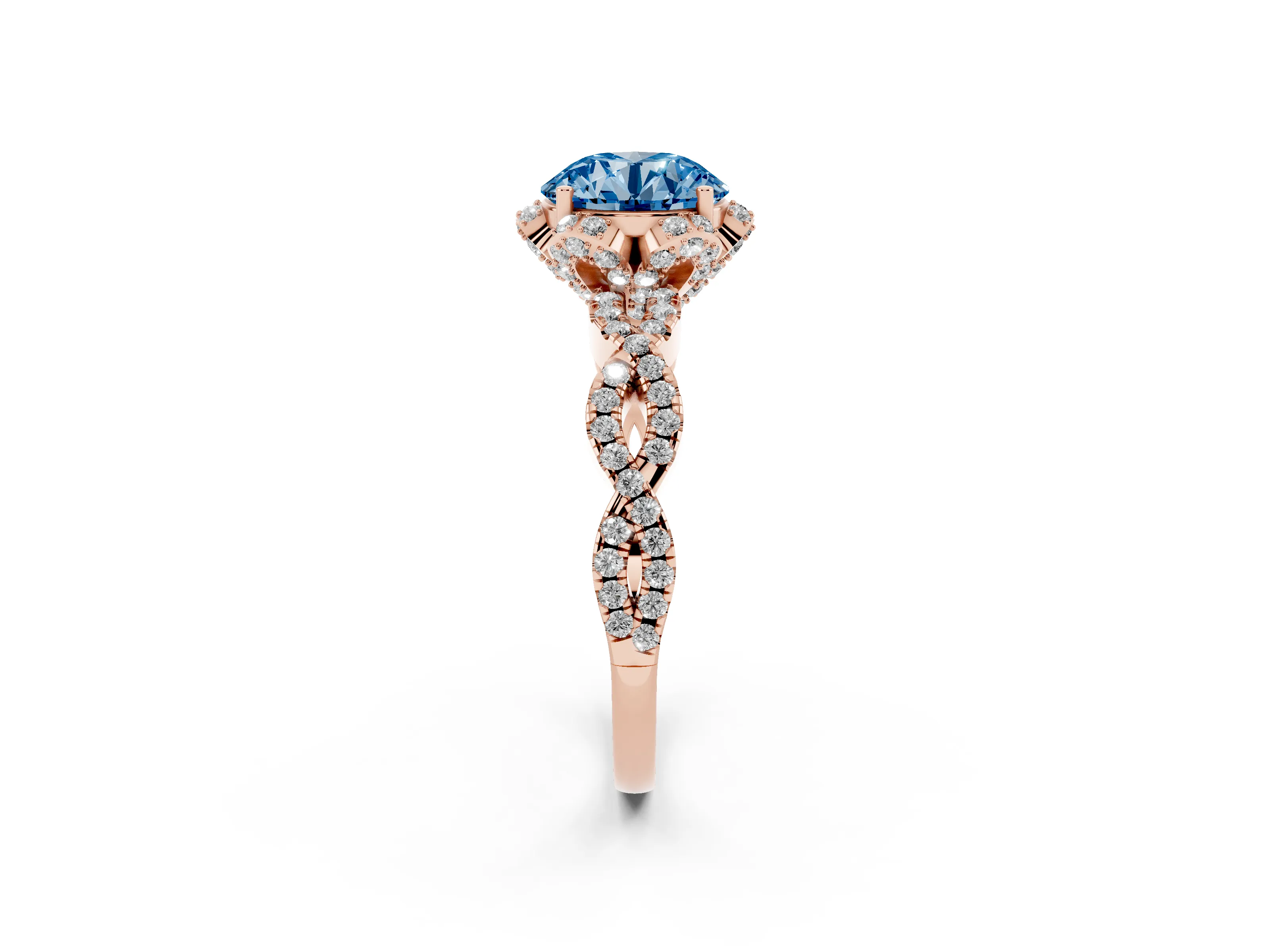 Fancy Blue Round Cut Diamond Halo Twist Band Solitaire Ring Set in Rose gold with Prong-Set Center Stone