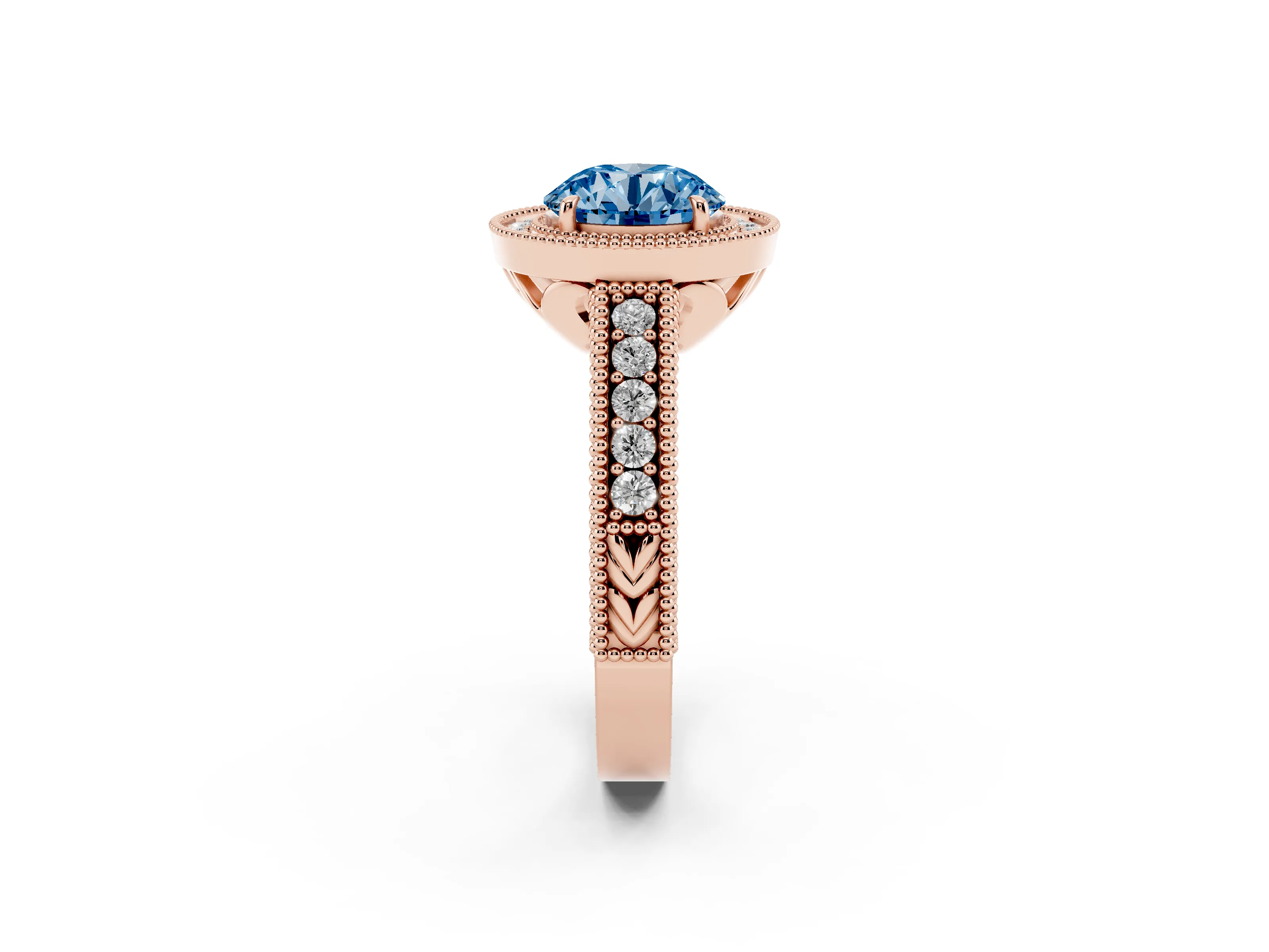 Fancy Blue Round Cut Diamond Halo Ring Set in Rose gold with Round Accent Halo, Pavé Band and Prong Setting