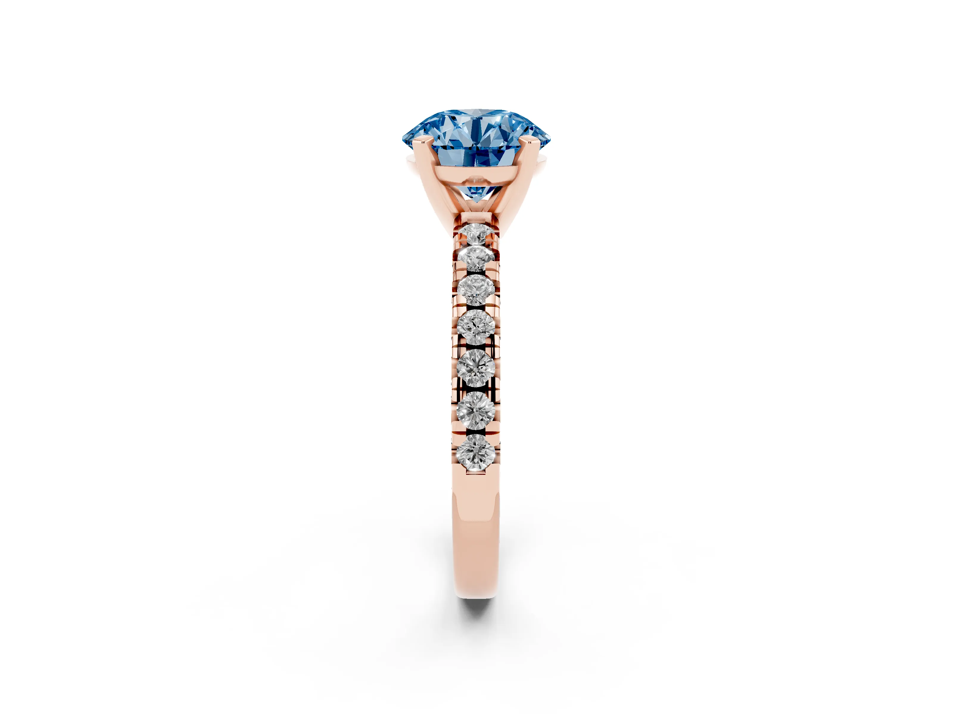 Fancy Blue Round Cut Diamond Solitaire Pavé Engagement Ring Set in Rose gold with Round Band and Prong Setting