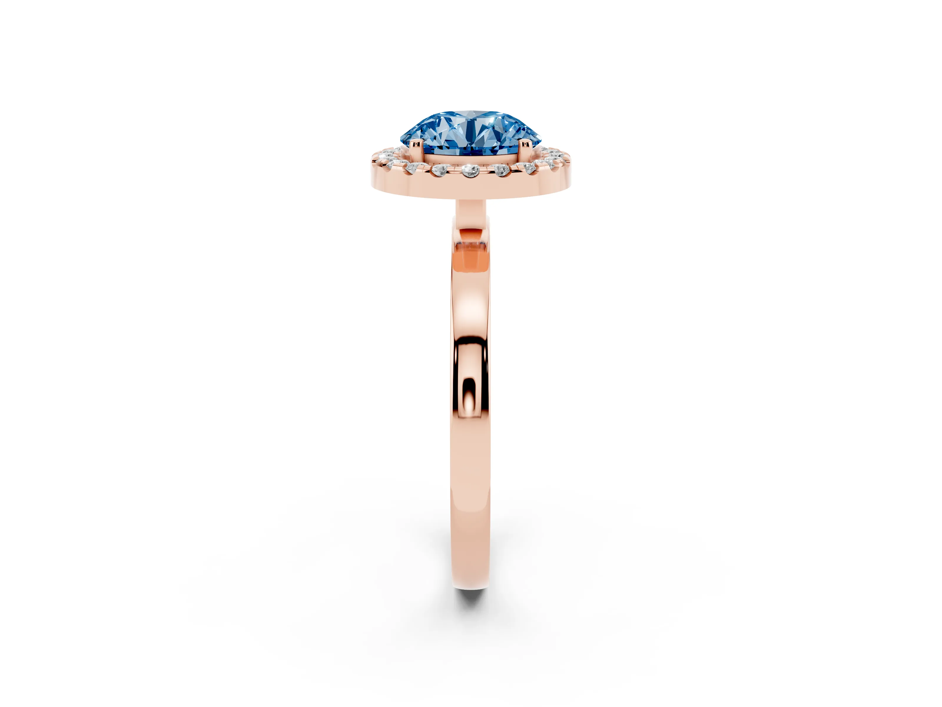 Fancy Blue Round Cut Diamond Halo Solitaire Ring Set in Rose gold with Pavé Band and Prong Setting