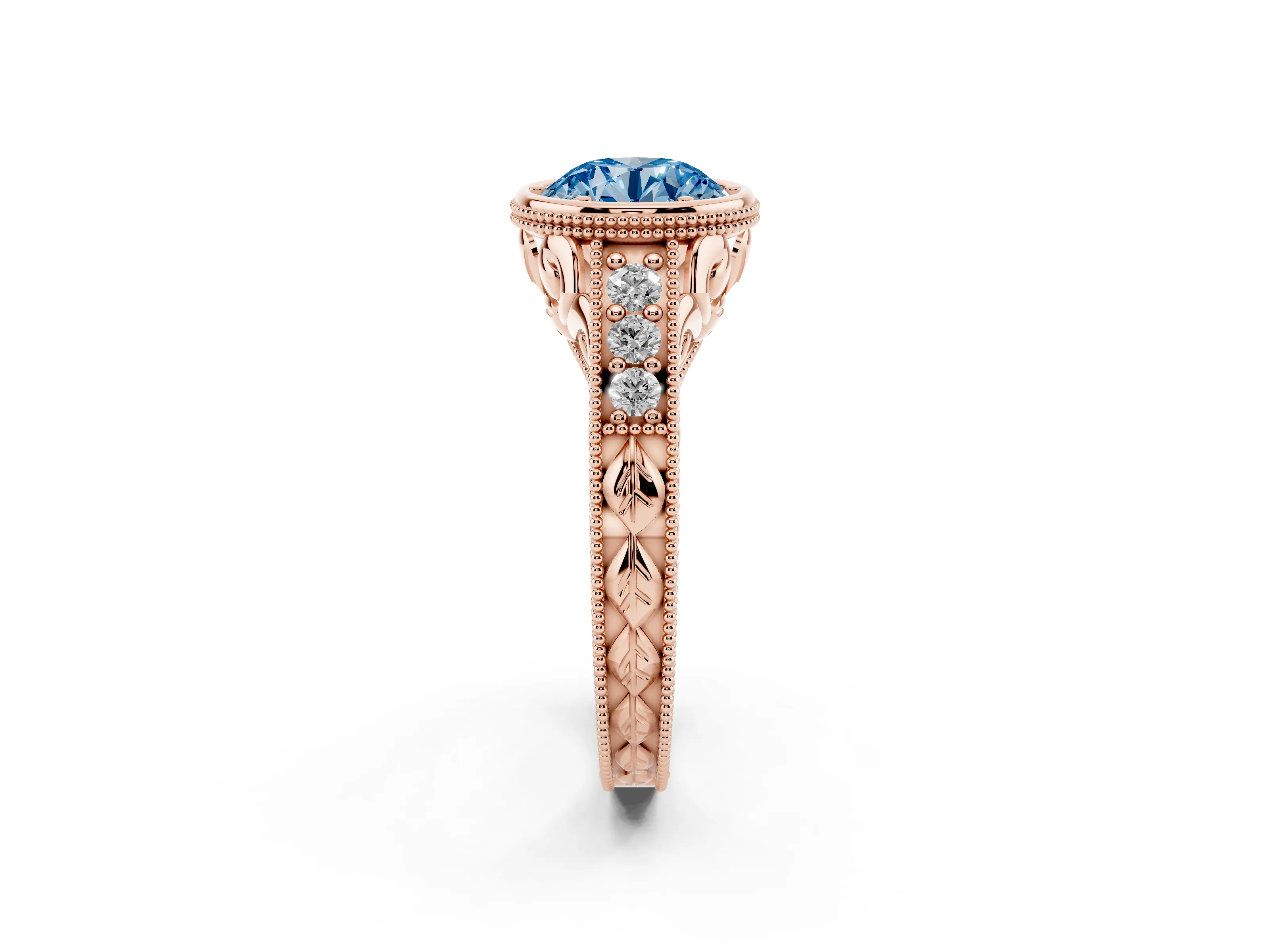Fancy Blue Bezel Set Round Cut Diamond Milgrain Pavé Engagement Ring Set in Rose gold