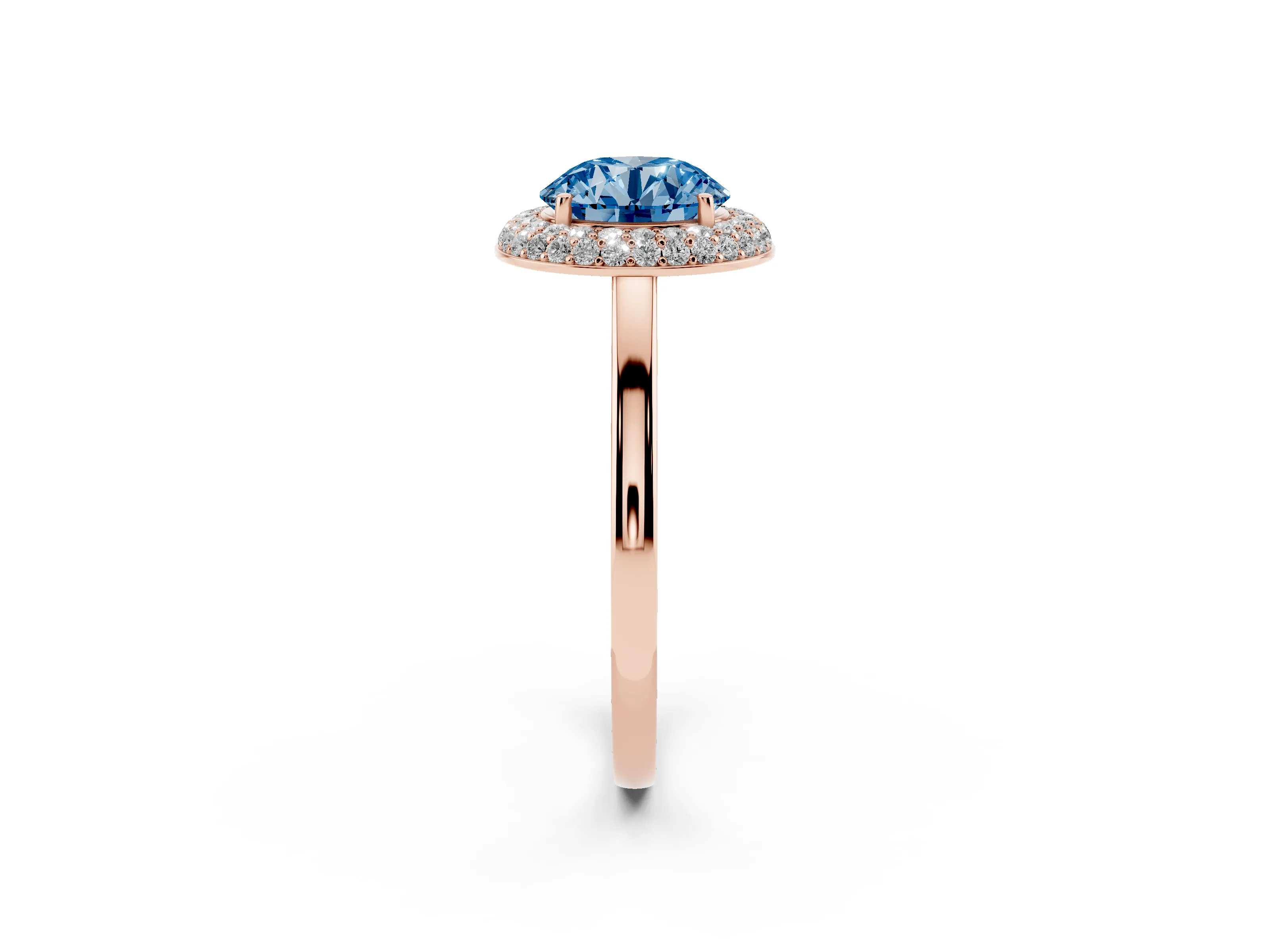 Fancy Blue Round Cut Diamond Halo Engagement Ring Set in Rose gold with Solitaire Band and Prong Setting