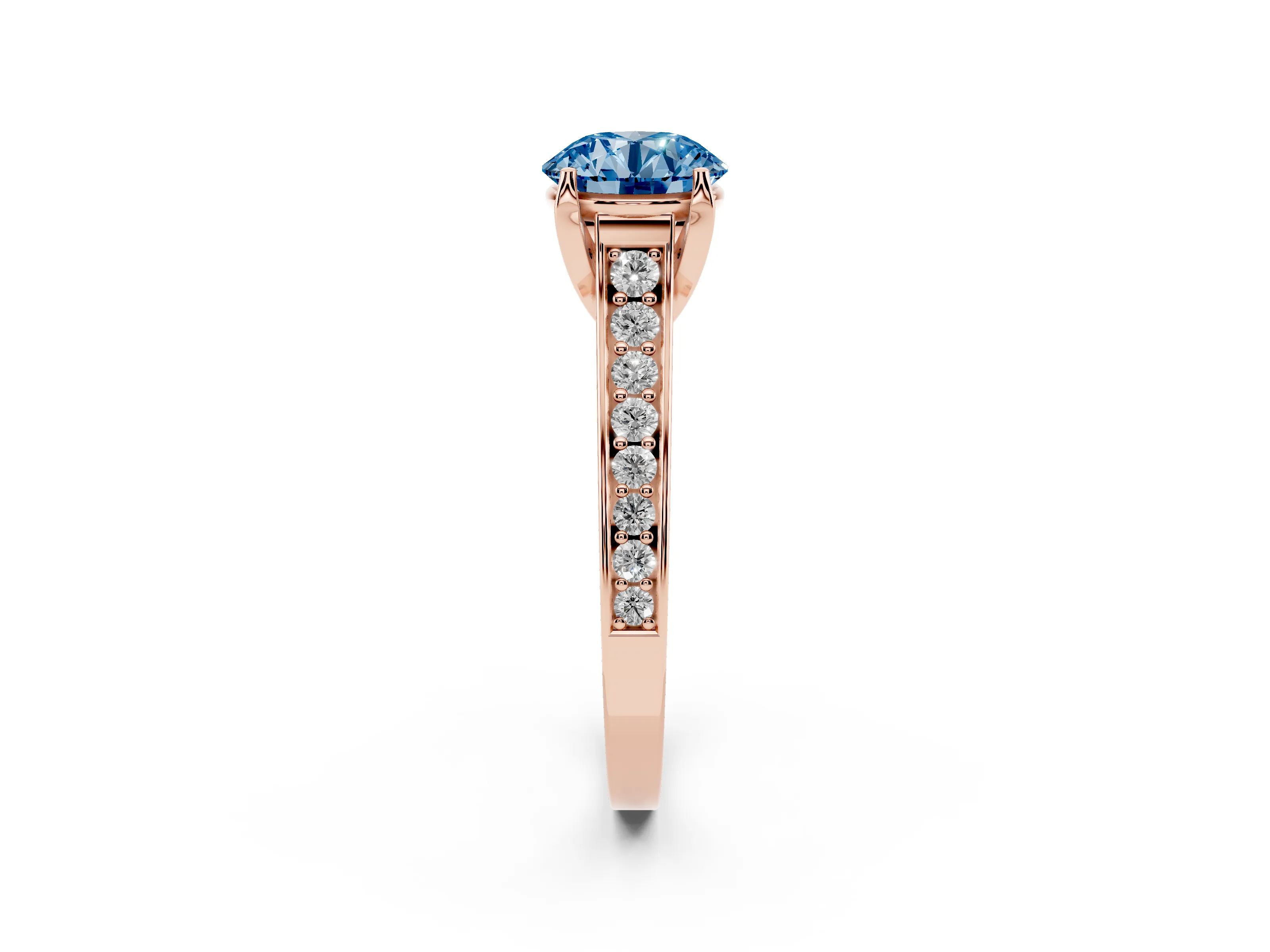 Fancy Blue Round Cut Diamond Solitaire Pavé Engagement Ring Set in Rose gold with Prong Setting