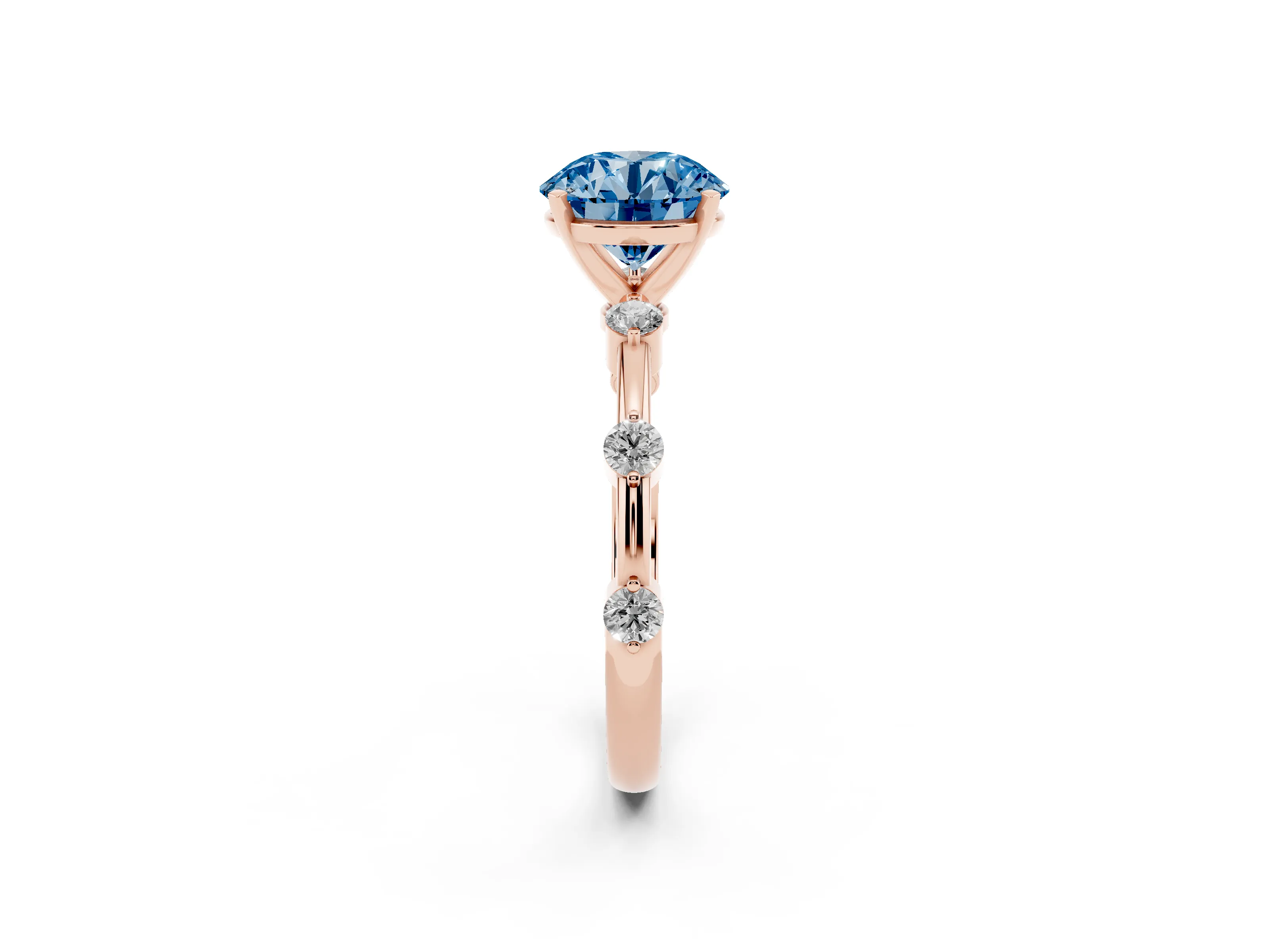 Fancy Blue Round Cut Diamond Solitaire Ring Set in Rose gold with Bezel Set Side Stones and Prong Setting