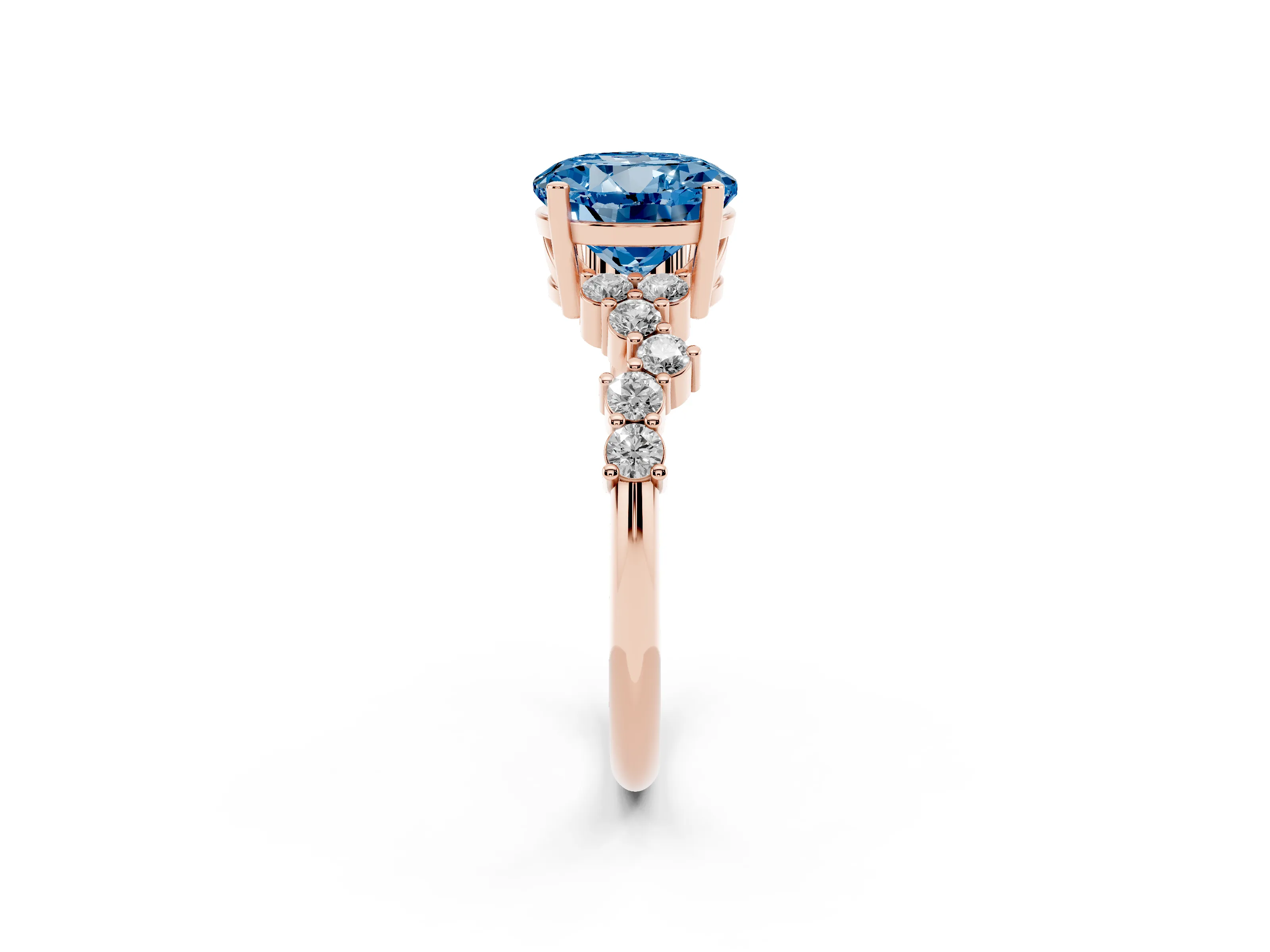 Fancy Blue Round Cut Diamond Ring Set in Rose gold with Scattered Round Accents
