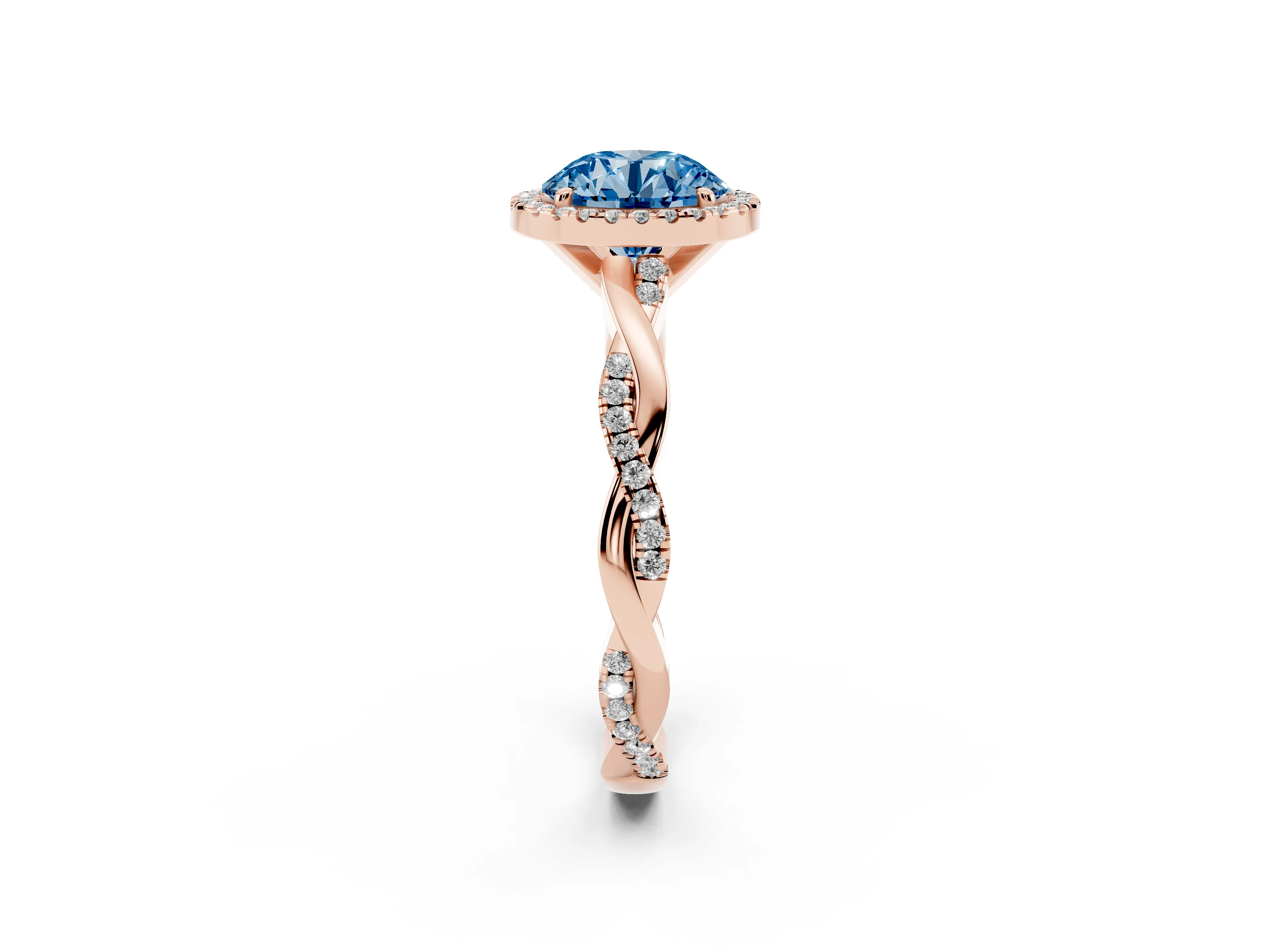 Fancy Blue Round Cut Diamond Halo Twisted Band Ring Set in Rose gold with Prong Setting