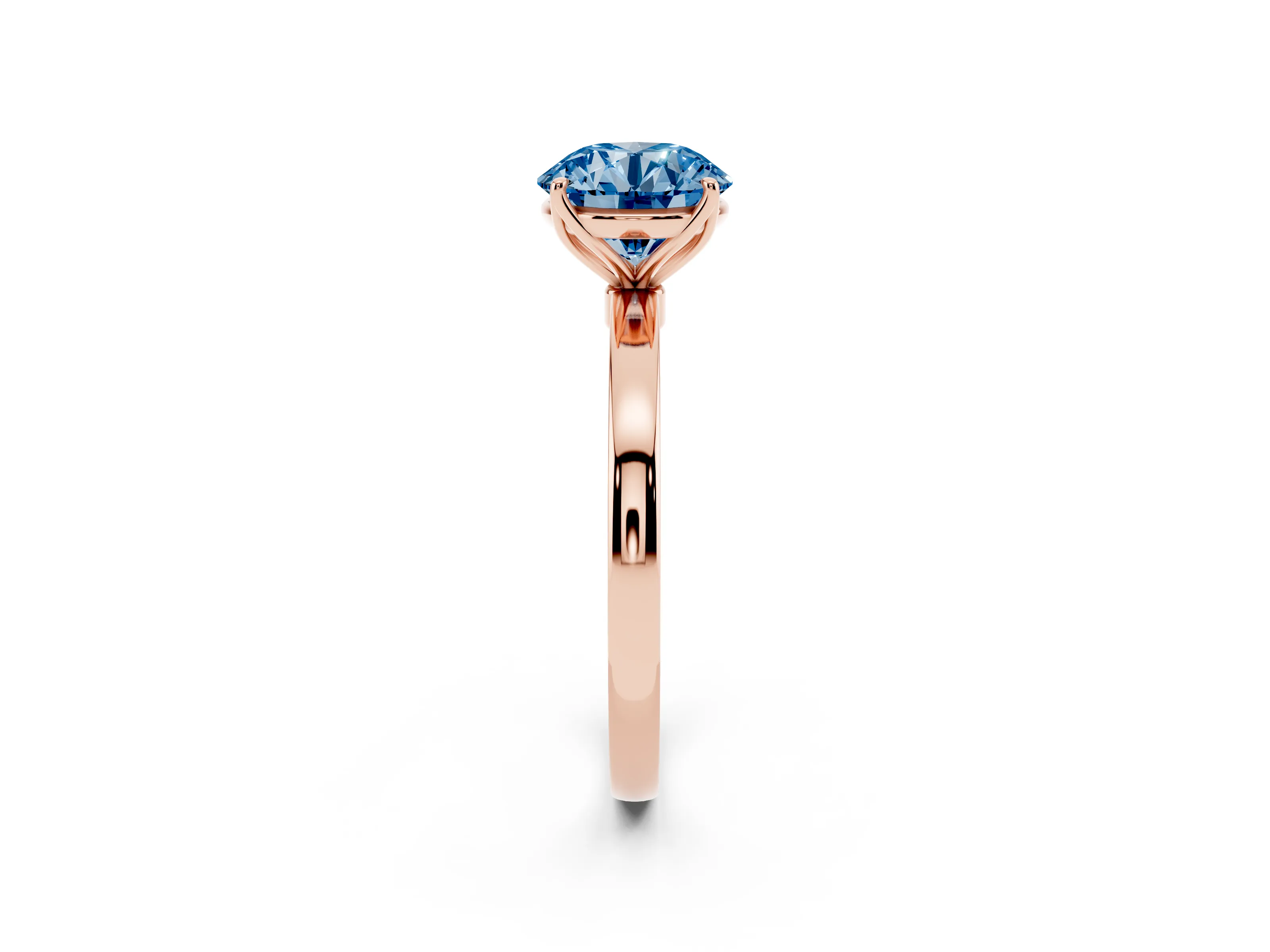 Fancy Blue Round Cut Diamond Solitaire Ring Set in Rose gold with Prong Setting and Thin Polished Band