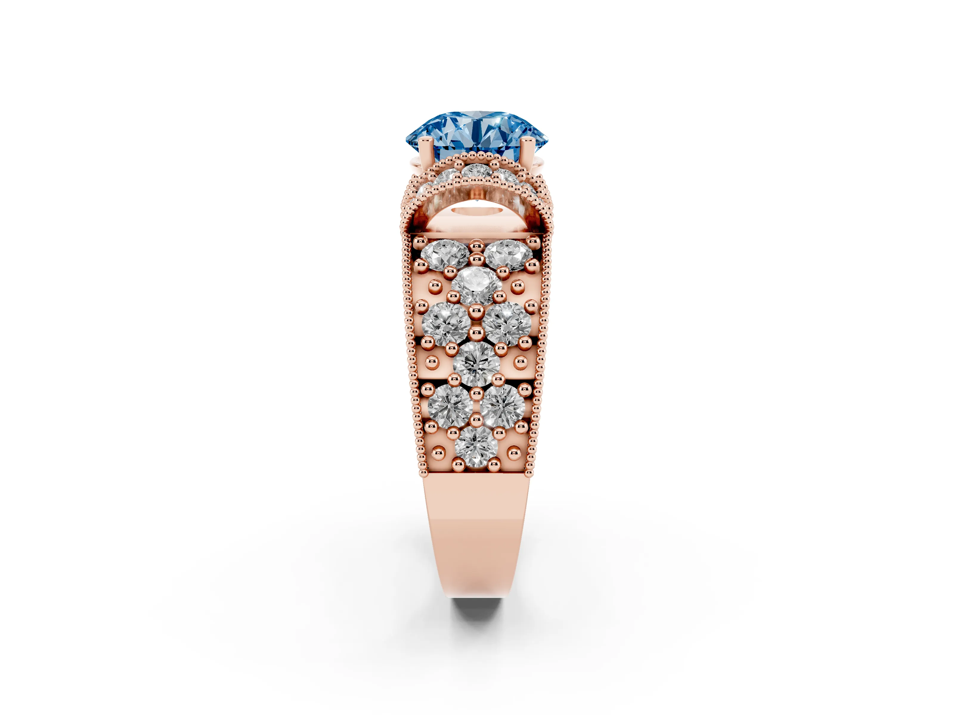 Fancy Blue Round Cut Diamond Milgrain Halo Pavé Engagement Ring Set in Rose gold with Prong Setting