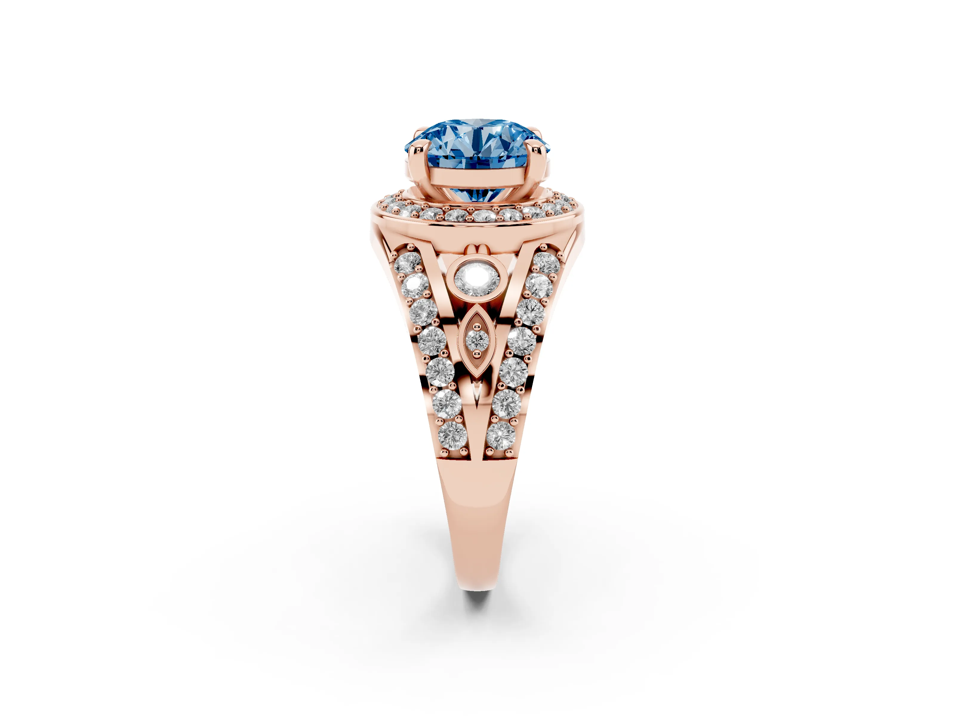 Fancy Blue Round Cut Diamond Halo Ring Set in Rose gold with Pavé Split Shank and Bezel Accents